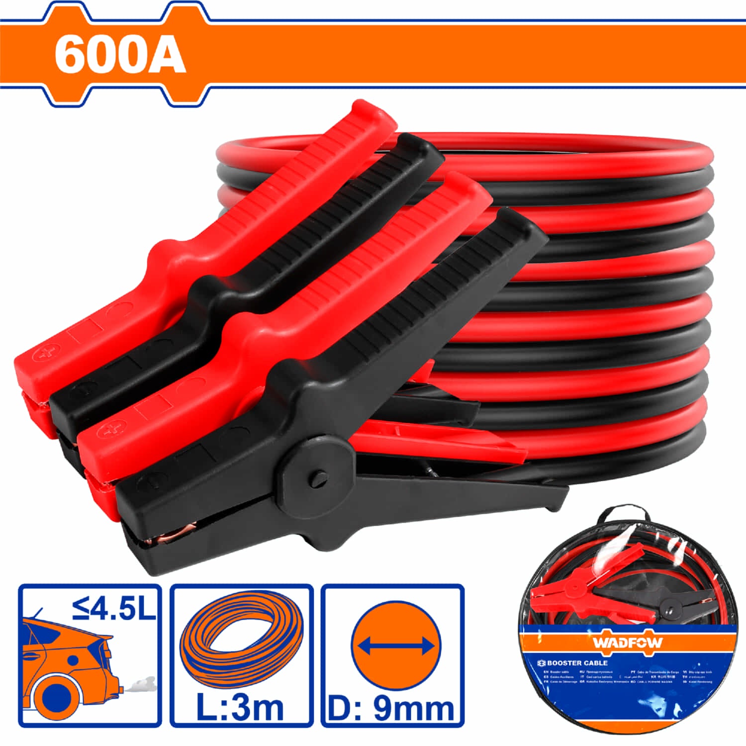 Cable Jumper para Batería 600AMP long 3m Pinzas Cobre Autos hasta 4.5L diámetro 9mm Cable de Arranque