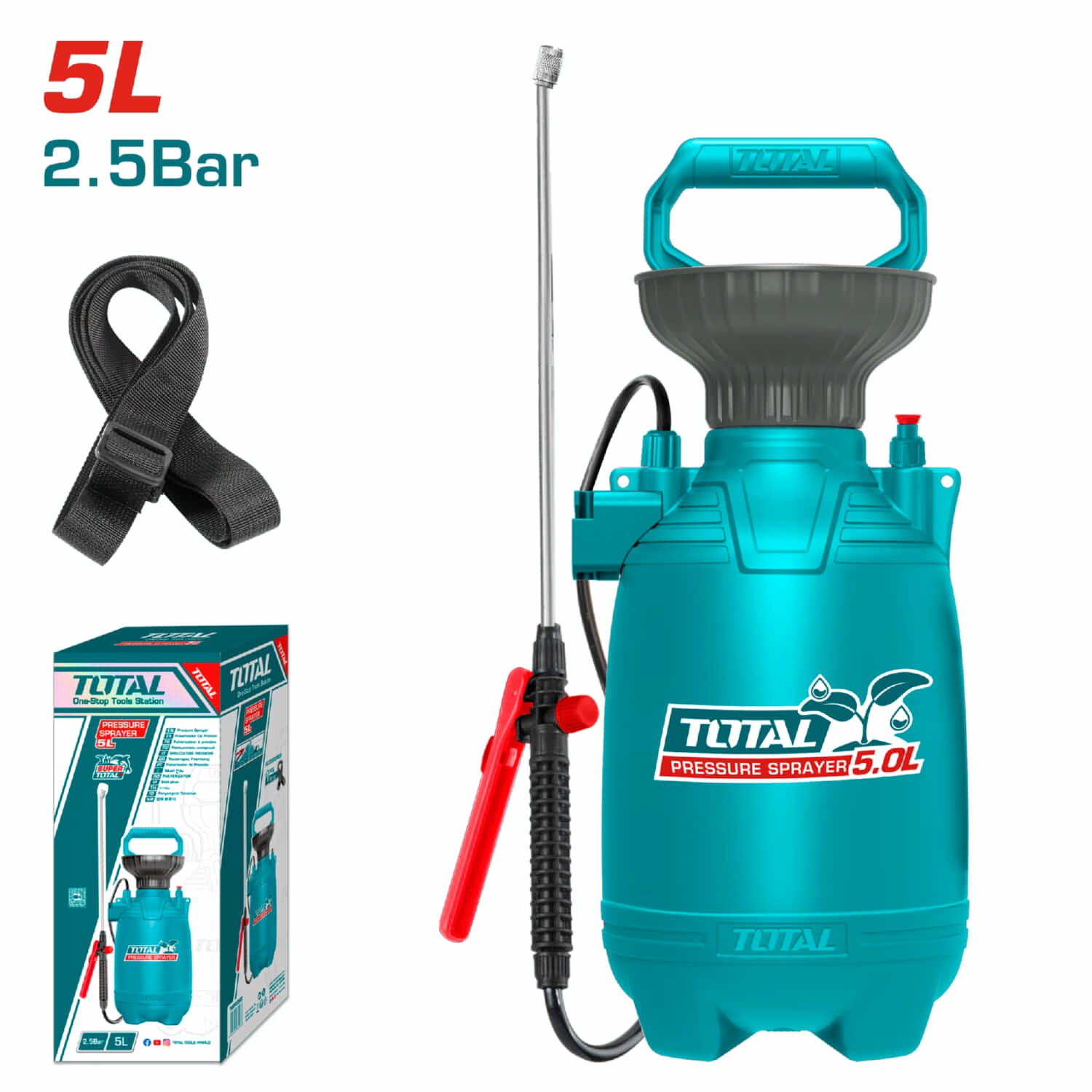 Rociador spray de presión 5 litros. 2.5BAR. Lanza inoxidable y boquilla de plástico.