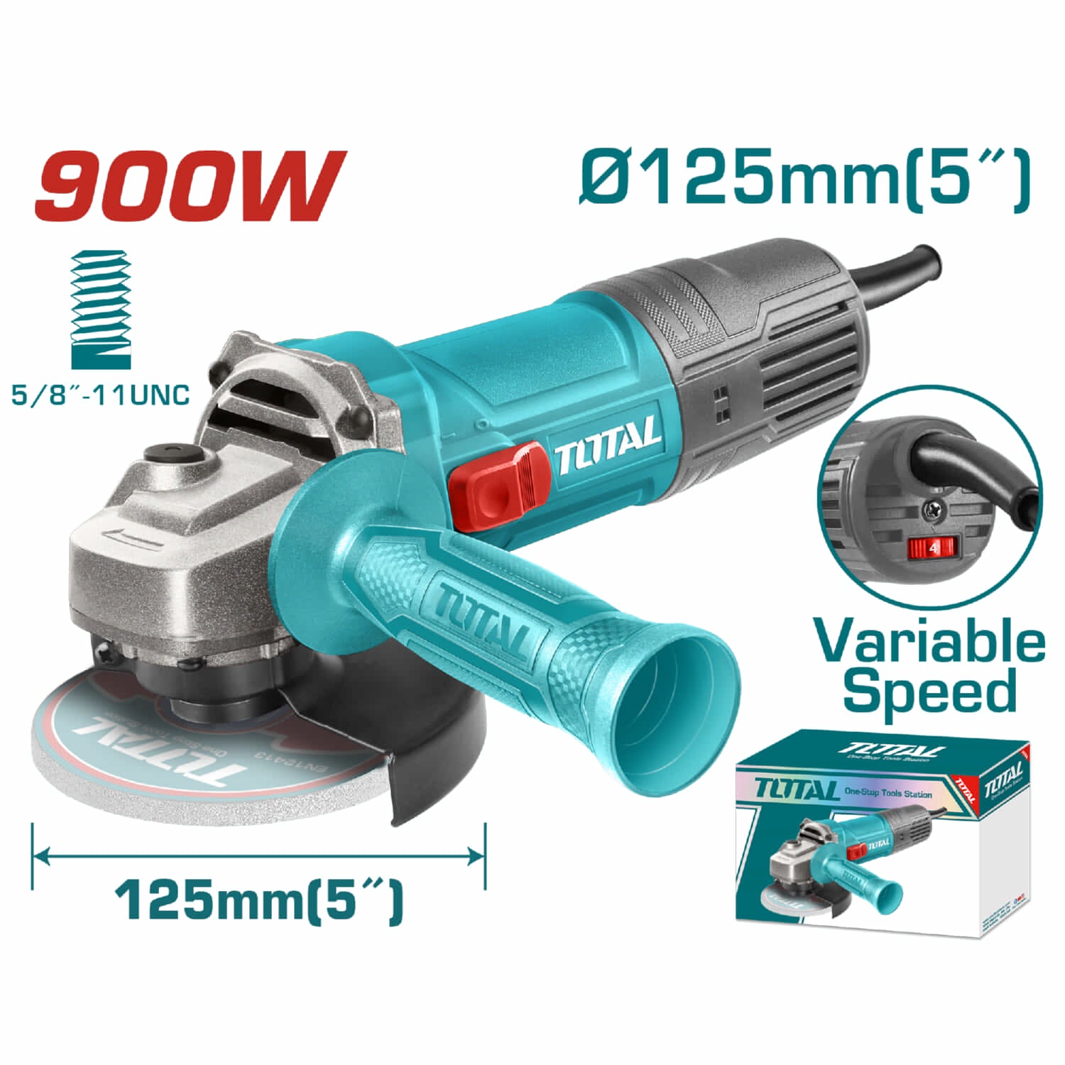 Esmeril angular de 5" Total 110V-120V~50/60Hz 900W. 5/8"-11 UNC, 5000-12000 rpm control variable.