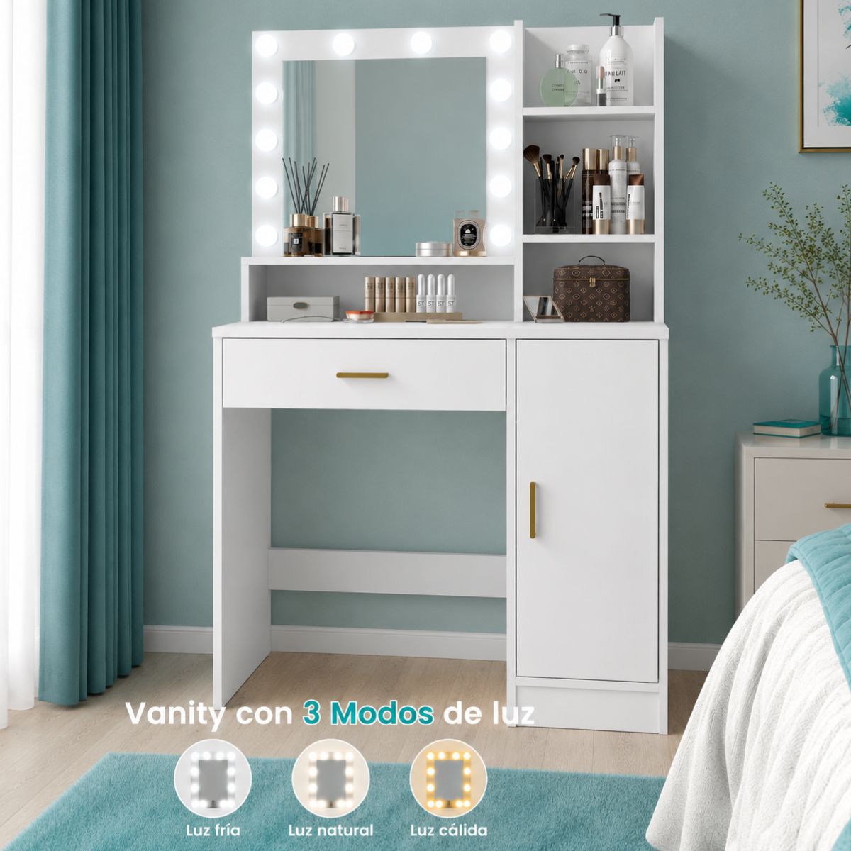 Vanity Maquilador con Espejo LED y 3 Modos de Luz (Cálida/Neutra/Fría) Tocador con Cajón y Estantes con Alimentación USB de MDF + Metal (90x40x135cm). Color Blanco