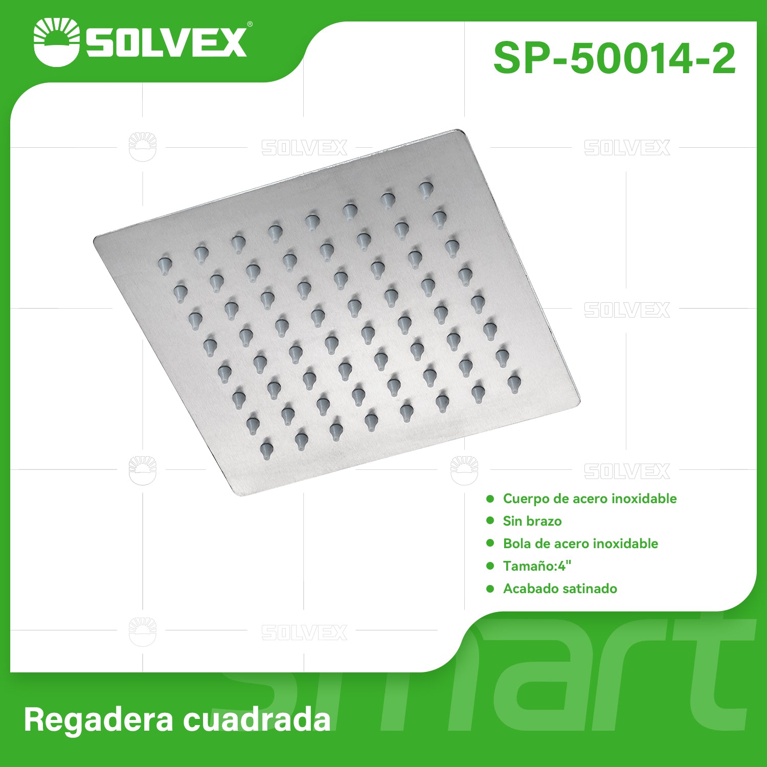 Cabezal de Ducha cuadrado 4" Satinado. Regadera de Acero Inoxidable cepillada.