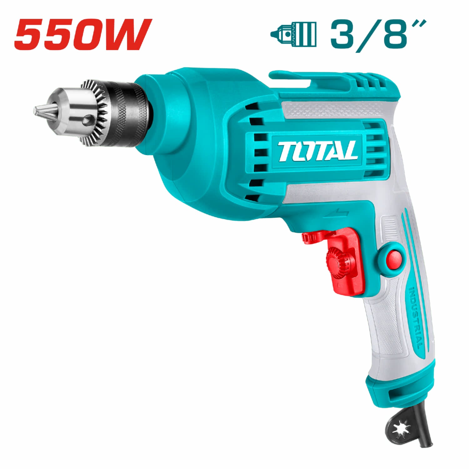 Taladro eléctrico 3/8" de 550W con función reversible. Voltaje: 110-120V ~ 60Hz.