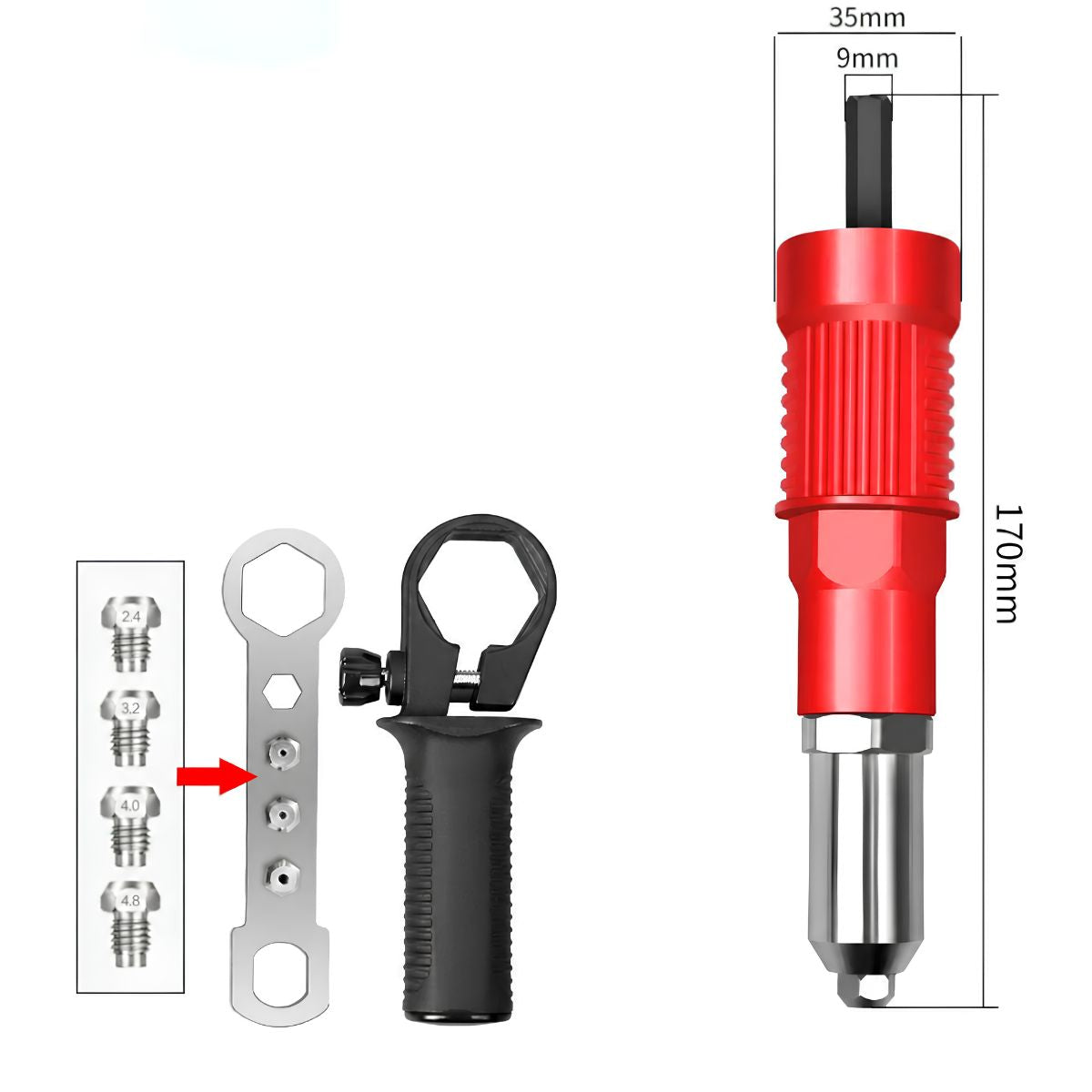 Remachadora Adaptador Para taladro Eléctrico En Acero Aleado. Conversor De Remache Tipo Pistola Con Eje Hexagonal. Incluye Boquillas 2.4/3.2/4.0/4.8 mm.