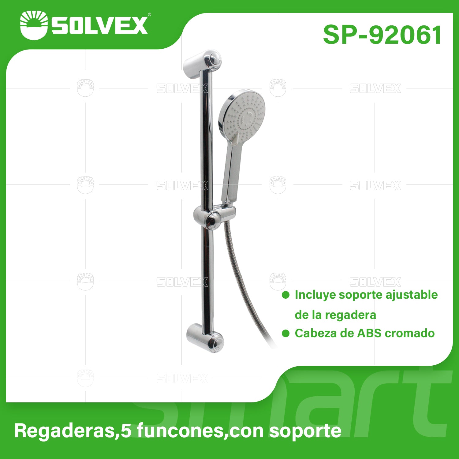 Ducha Tipo Teléfono de 5 Funciones. Regadera de manocon Soporte Ajustable y Manguera de 1.5m. Cabezal ABS Cromado.