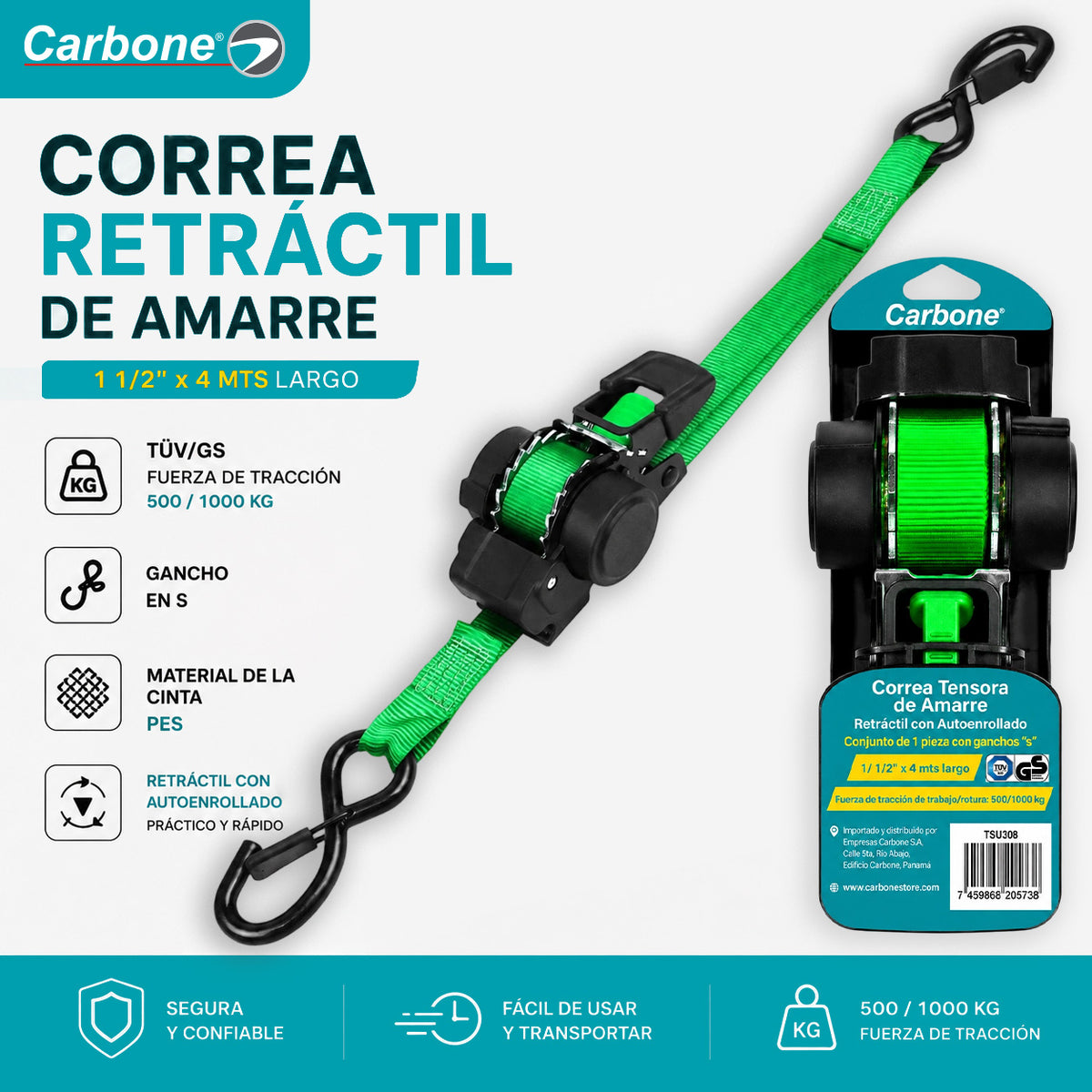 Correa Tensora De Amarre Retráctil 1-1/2" x 4M. Sujetador Autoenrollable Con Ganchos Tipo S. Eslinga De Sujeción. 500Kg De Trabajo.