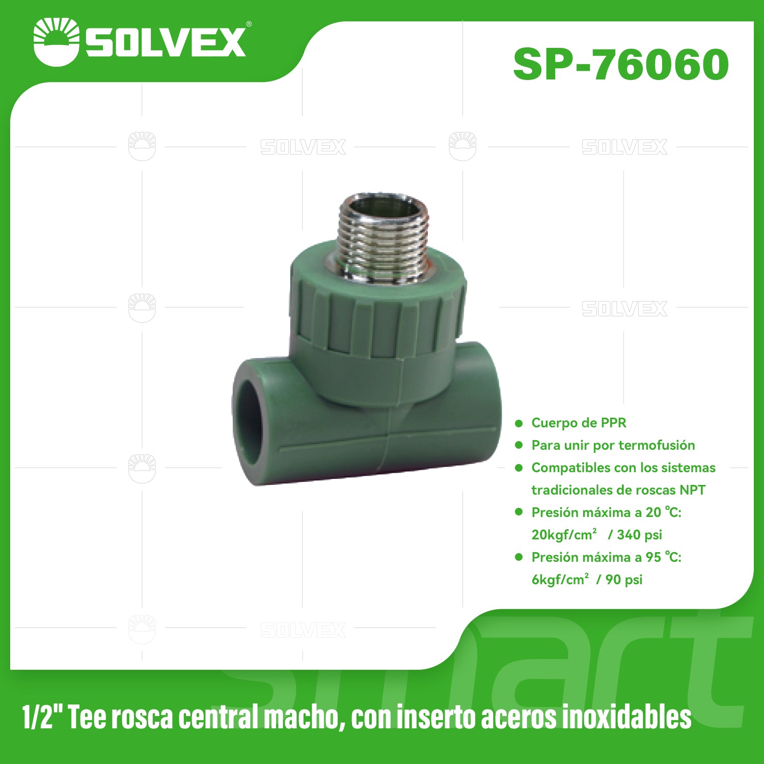 Tee PPR 1/2" con Rosca Central Macho e Inserto de Acero Inoxidable. Conector Termofusión para Agua.
