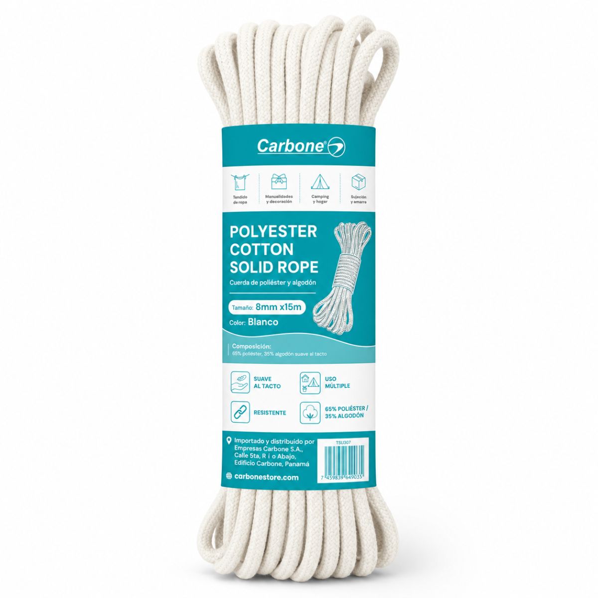 Cuerda Blanca De Poliéster Y Algodón. Soga Para Amarre Manualidades Camping Hogar. Mecate (8mmx15m)