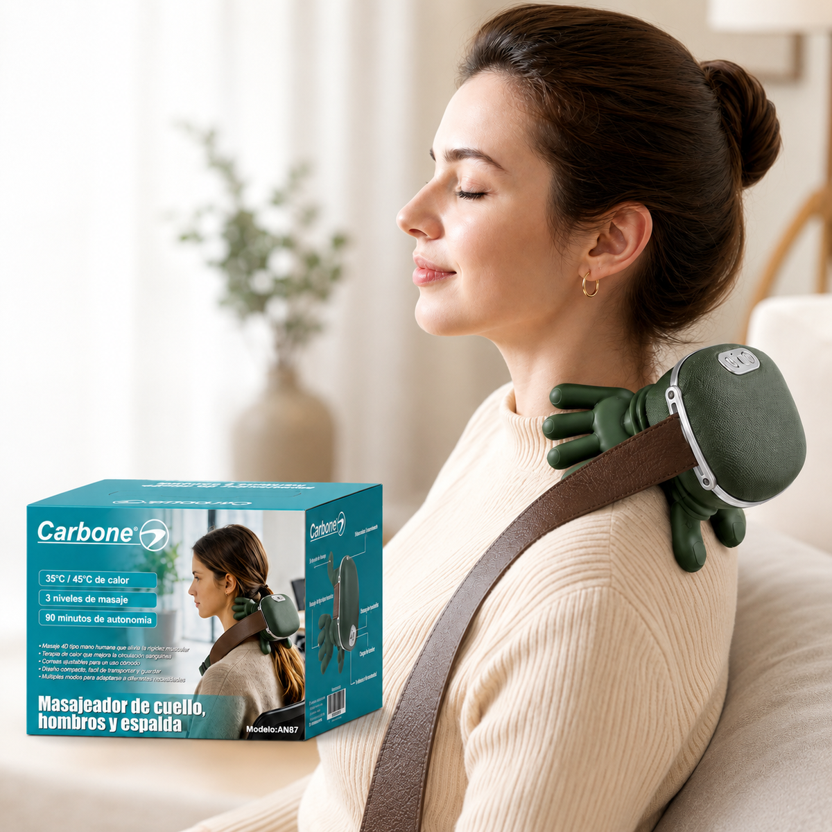 Masajeador Cervical con Dedos Biónicos para Cuello y Espalda 10W Recargable USB Tipo C 1500mAh. Máquina de Masajes 3 Intensidades Material ABS Hierro (14.5x13x12cm)