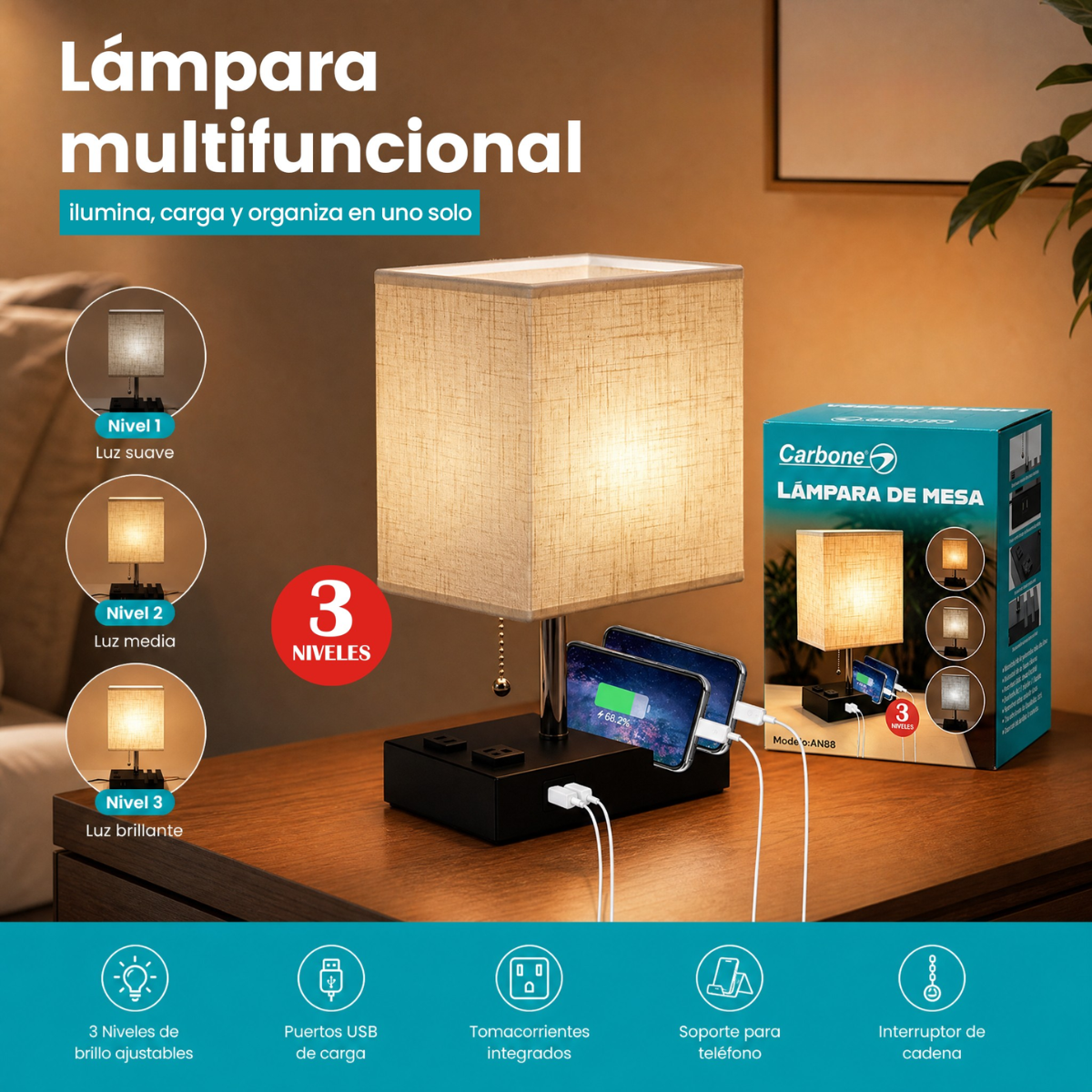 Lámpara de Mesa Multifuncional con Puertos USB y Tomas de Corriente 110V 60W. Luz Ajustable 3 Tonos con Soporte para Teléfono.Color Beige