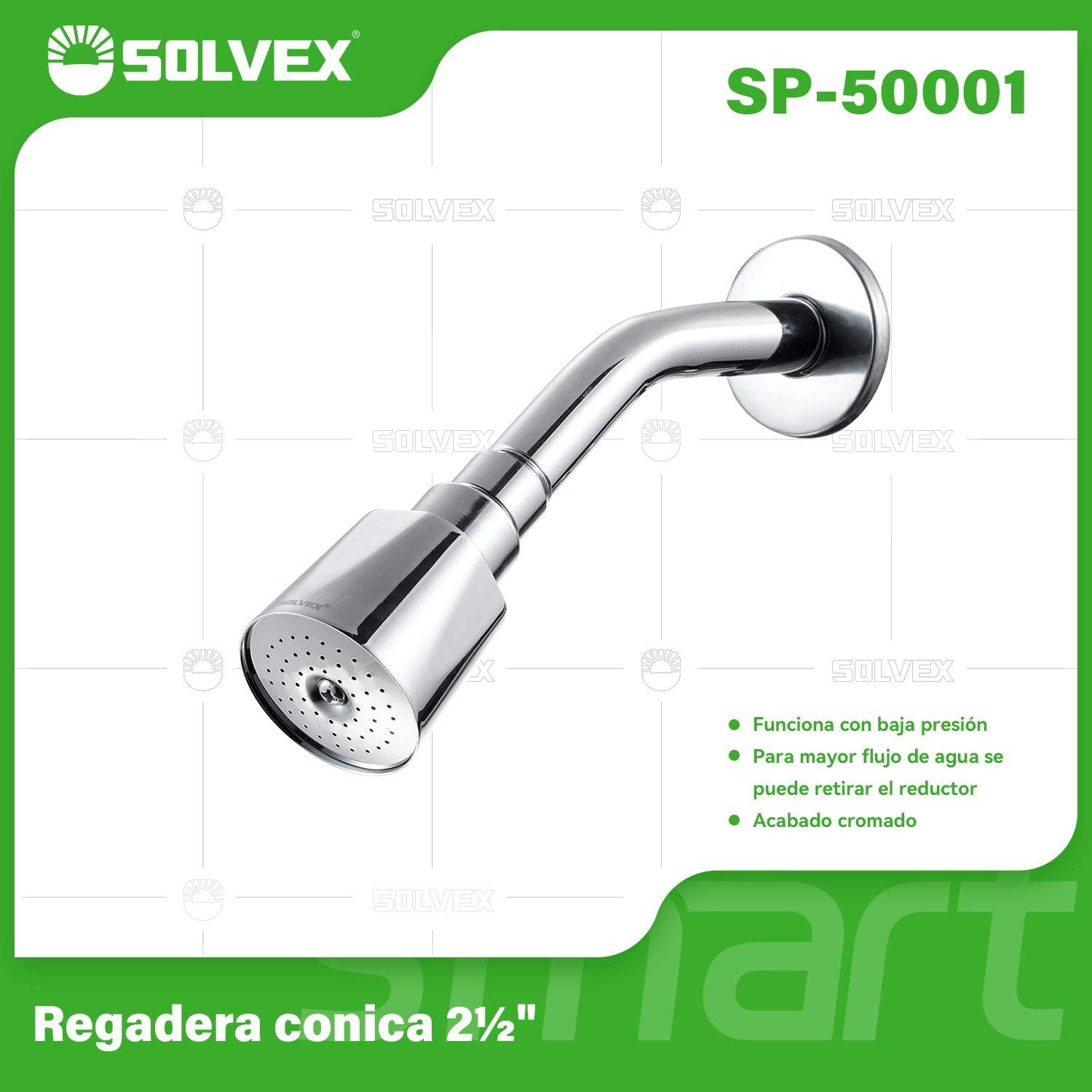 Regadera para Ducha Cónica 2½” Cromada. Cabezal de Alta Eficiencia con Opción de Mayor Caudal.