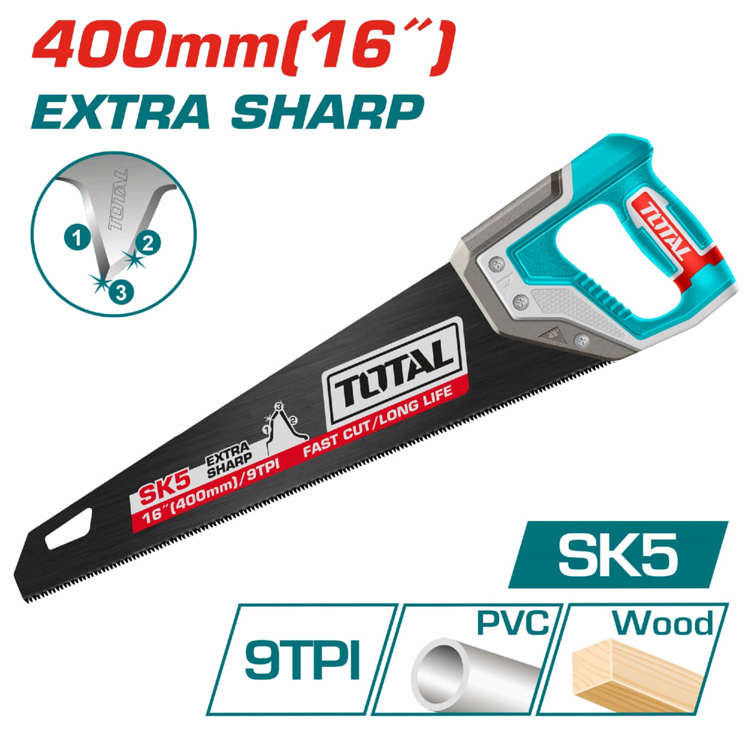 Serrucho de Mano de 16 "/ 400 mm SK5 9 TPI, dientes extra afilados. Recubrimiento negro.