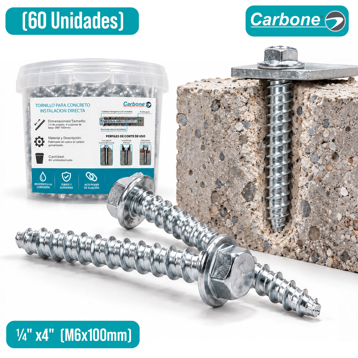 Tornillo Para Concreto ¼" x4" (60 Unds). Anclaje Para Hormigón de Cabeza Hexagonal (M6x100mm)