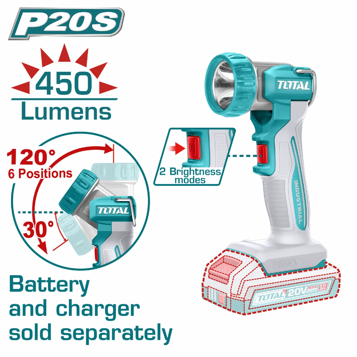Lámpara linterna de Trabajo Inalámbrica de Litio 20V 8W 450 Lumens. No incluye cargador ni batería.