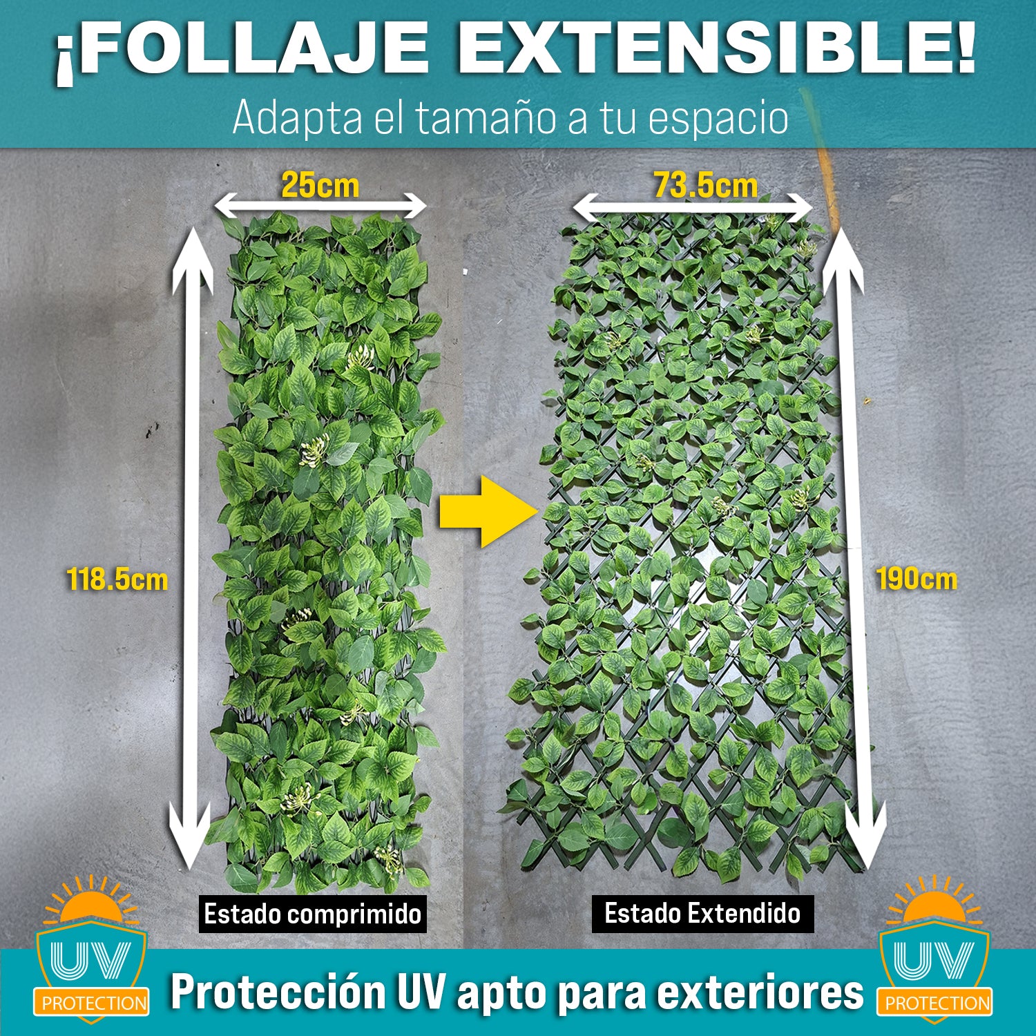 Follaje Artificial Valla Extensible 190 cm x 73.5 cm con Protección UV para Exteriores.Tipo Enrejado Verde (CON PROTECCION UV)