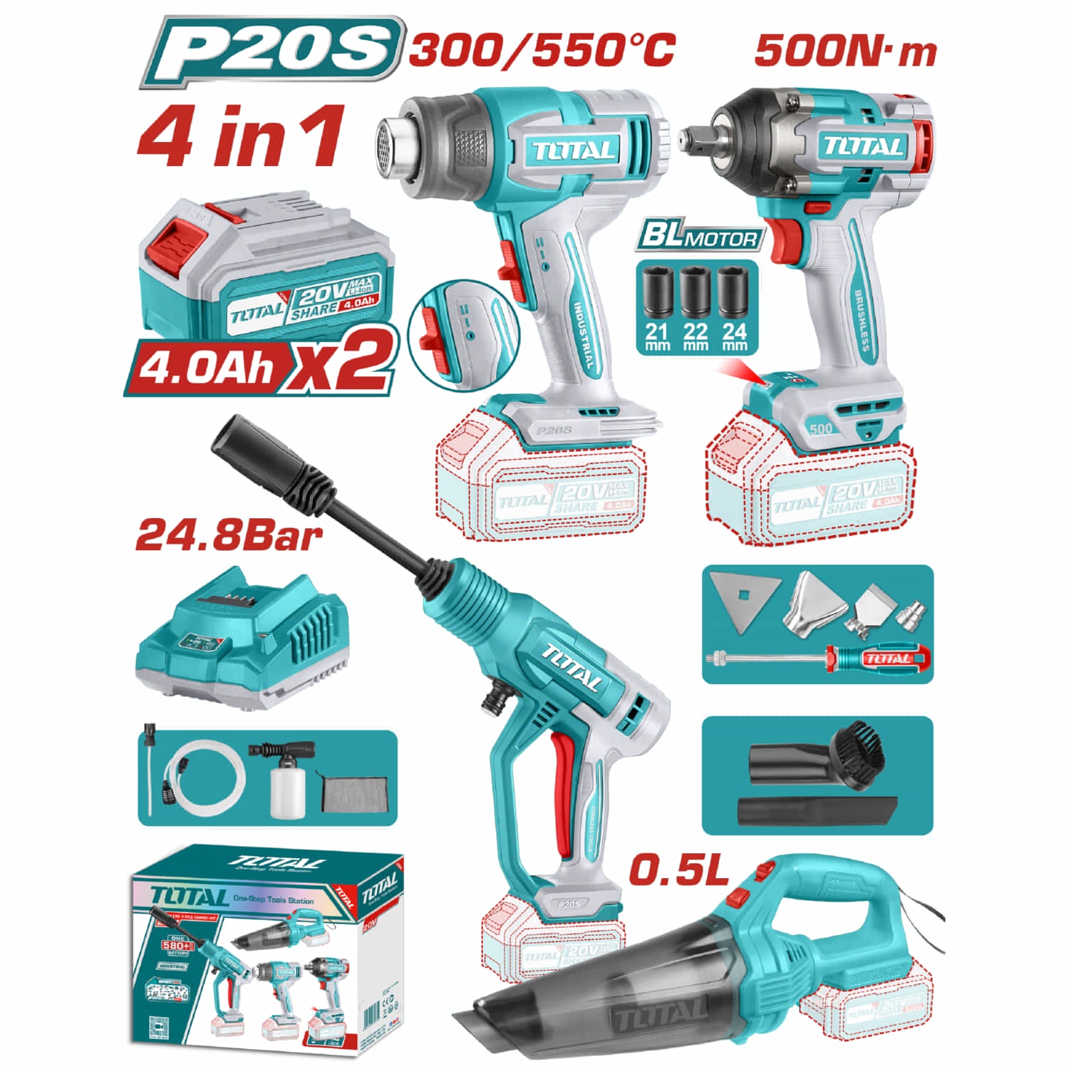 Super Combo Total 20V Pistola de Calor 30-550 °C Aspiradora 0.5 L >=9 kPa Hidrolavadora 24.8 Bar Llave de Impacto 1/2" 500Nm Inalámbricas Poderosas y Potentes COMBOS POCAS UNIDADES