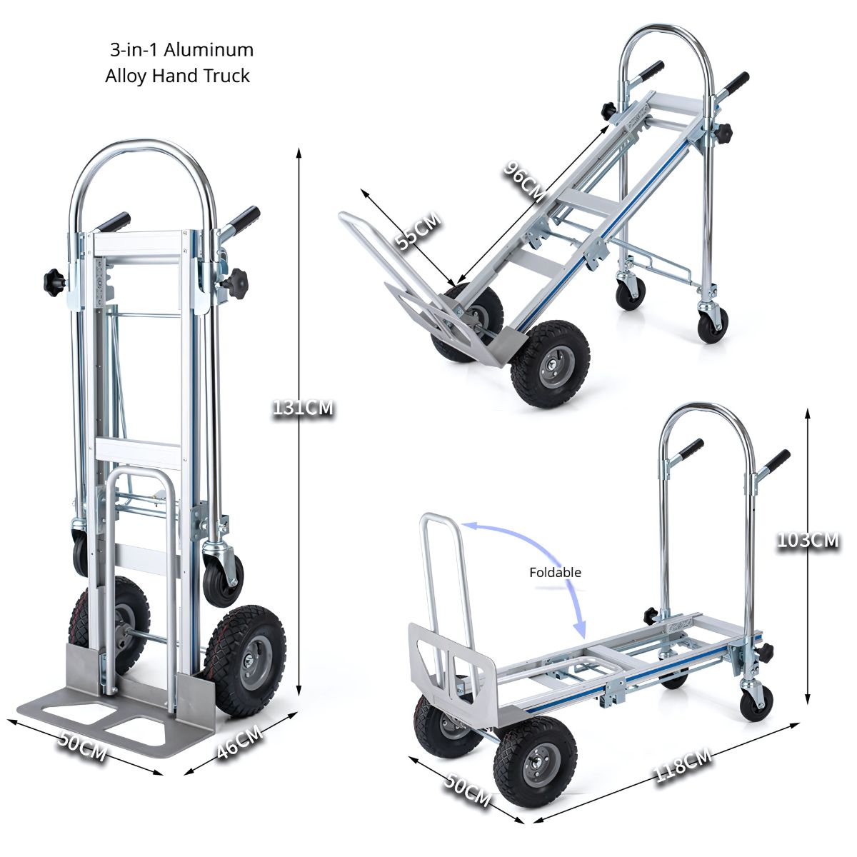 Carretilla de Carga Plegable 3 en 1 – Vertical, Plataforma y Carro Inclinado. Trolley con ruedas convertible. Carretón.