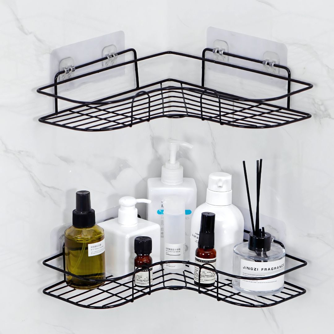 Repisas de baño pared de dos niveles. Estantes flotantes. Tablillas color negro. (Set de 2 piezas) Para baño. Esquinera de ducha.