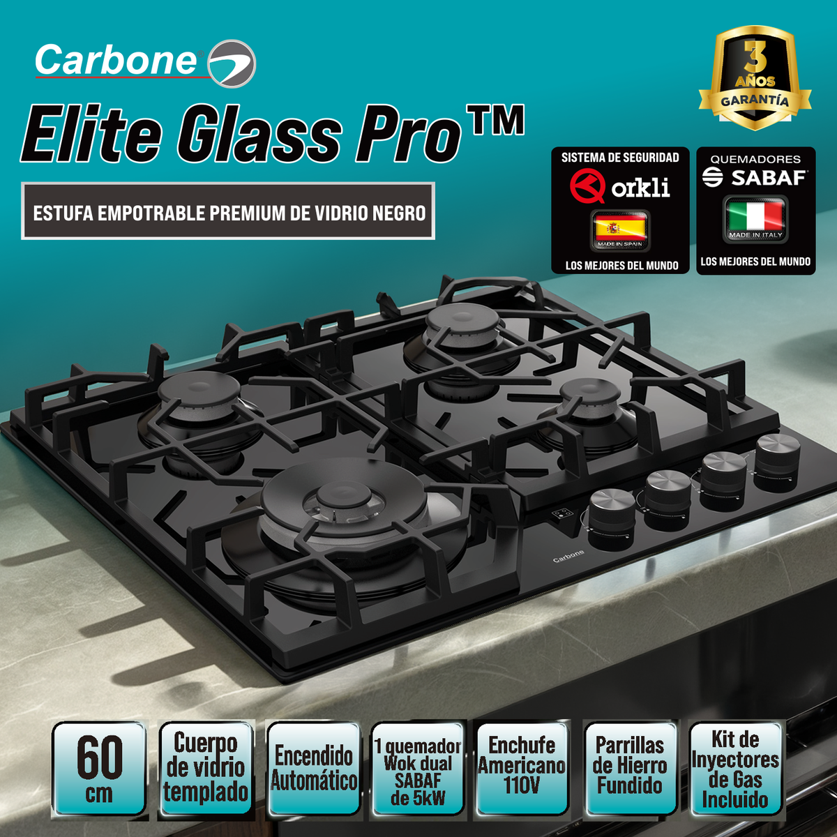 Estufa Empotrable a Gas Elite Glass Pro De Vidrio Negro con 4 Quemadores SABAF Sistema de Seguridad Orkli Integrado (60cm)