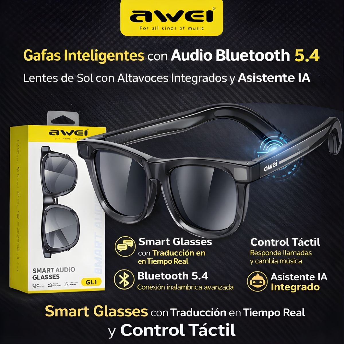 Gafas Inteligentes con Audio Bluetooth 5.4. Lentes de Sol con Altavoces Integrados y Asistente IA. Smart Glasses con Traducción en Tiempo Real y Control Táctil.