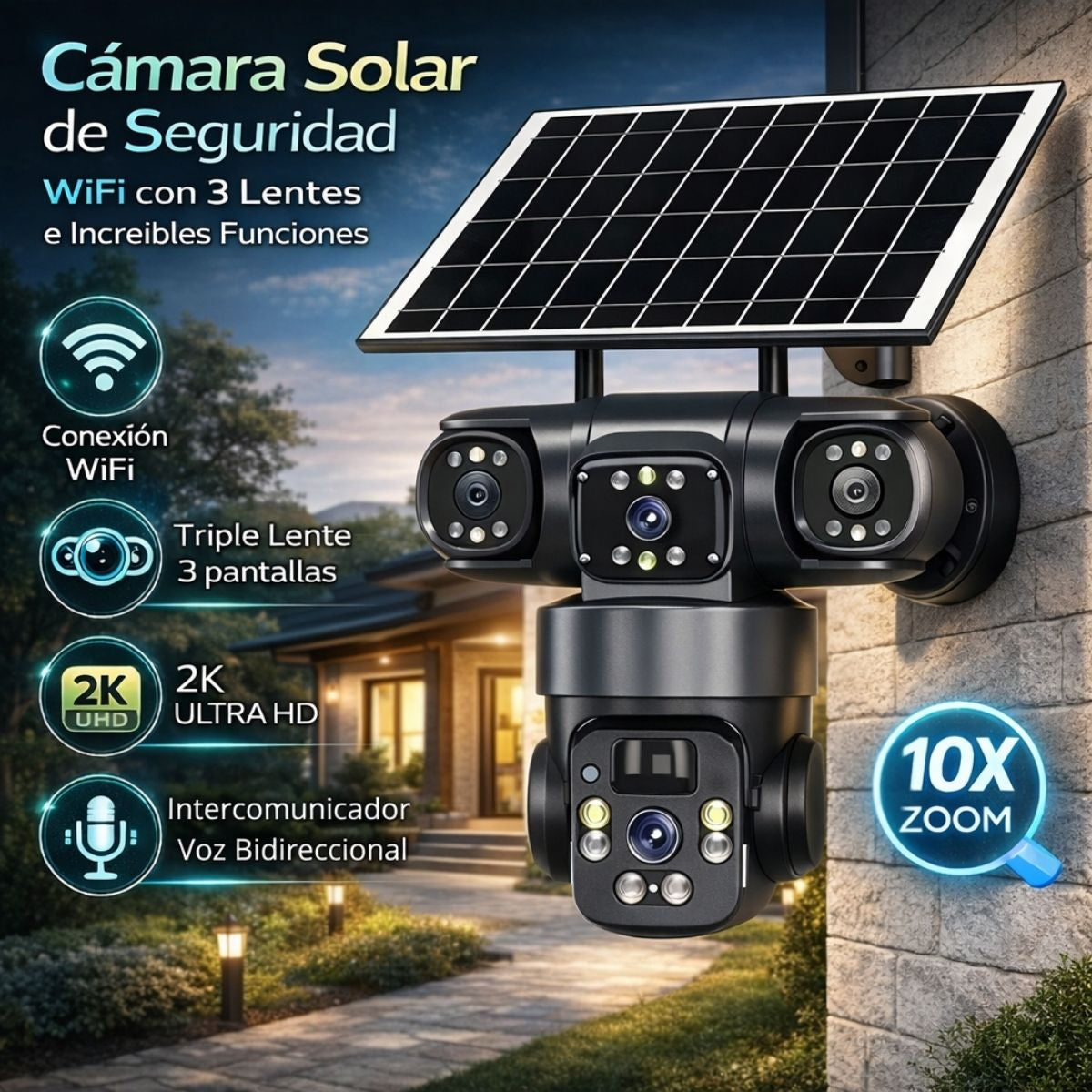 Cámara de Seguridad Solar WiFi. Triple Lente 12MP 2K IP66 PTZ 360°. Zoom 10X. Audio Bidireccional con Detección Humana.