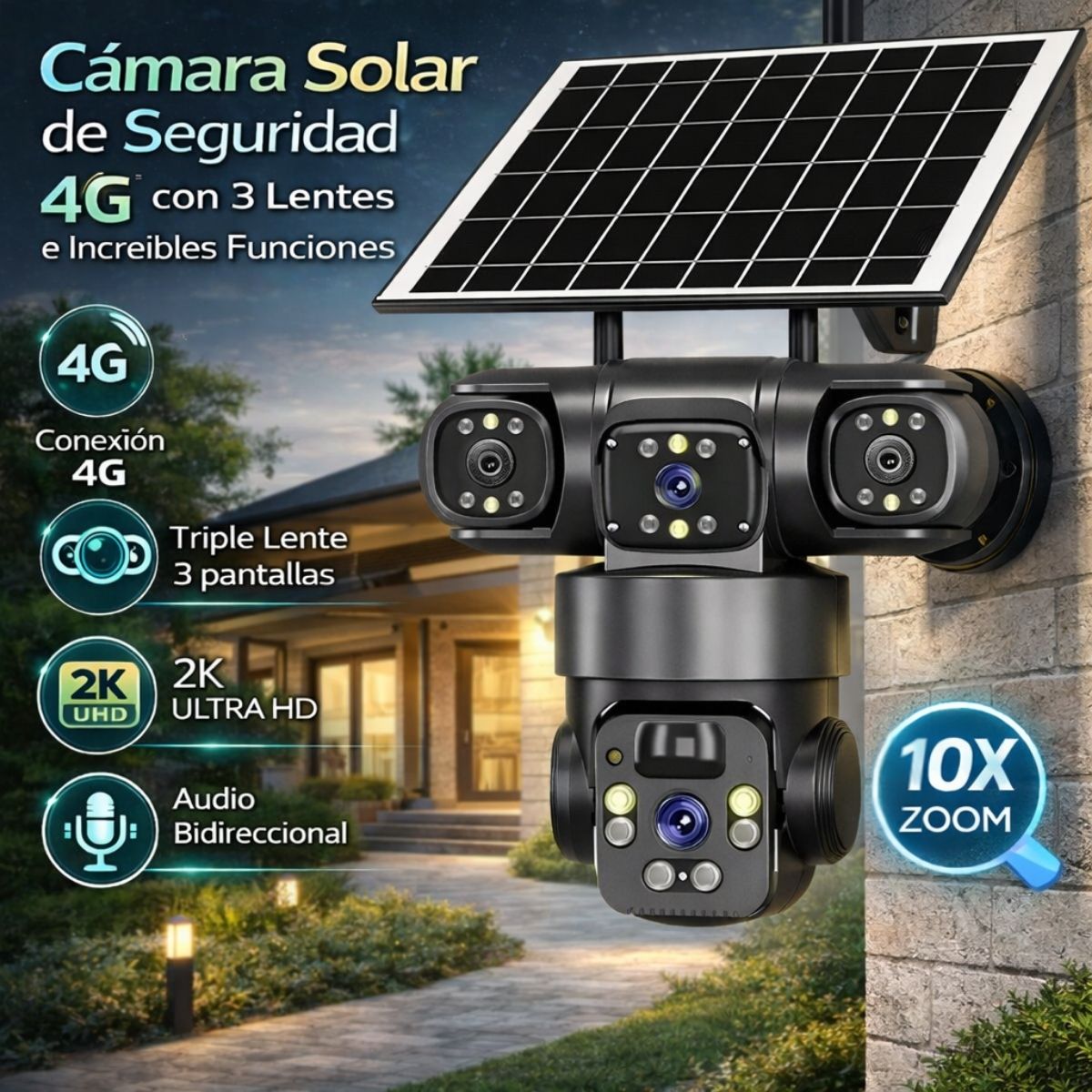 Cámara de Seguridad Solar 4G. Triple Lente 12MP 2K IP66 PTZ 360°. Zoom 10X. Audio Bidireccional con Detección Humana.