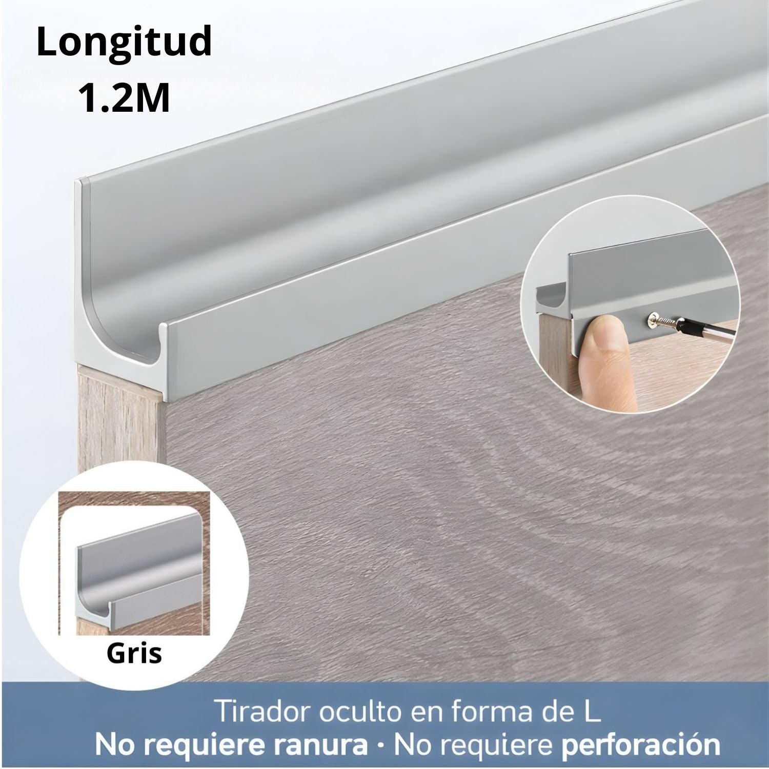 Tirador Oculto Tipo L (1.2m). Color Gris. Perfil cocinas Embutido Sin Ranura. Aleación de Aluminio para Puertas de Closet, Gabinetes y Cajones. Manija Invisible Moderna.