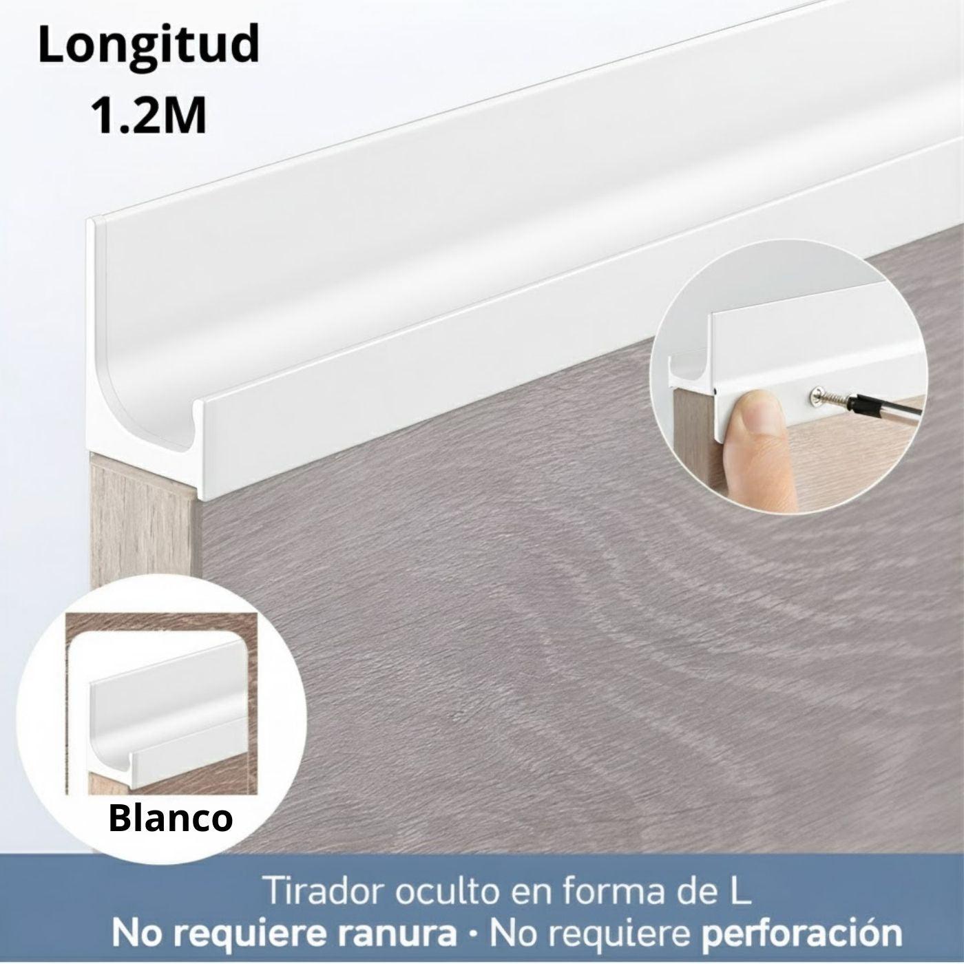 Tirador Oculto Tipo L (1.2m). Color blanco. Perfil cocinas Embutido Sin Ranura. Aleación de Aluminio para Puertas de Closet, Gabinetes y Cajones. Manija Invisible Moderna.