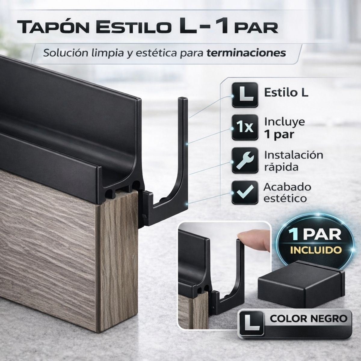 Tapas Remate Plástico Tipo L para Perfil de Aluminio. Color Negro. Tapón Terminal (Se Vende en Par).
