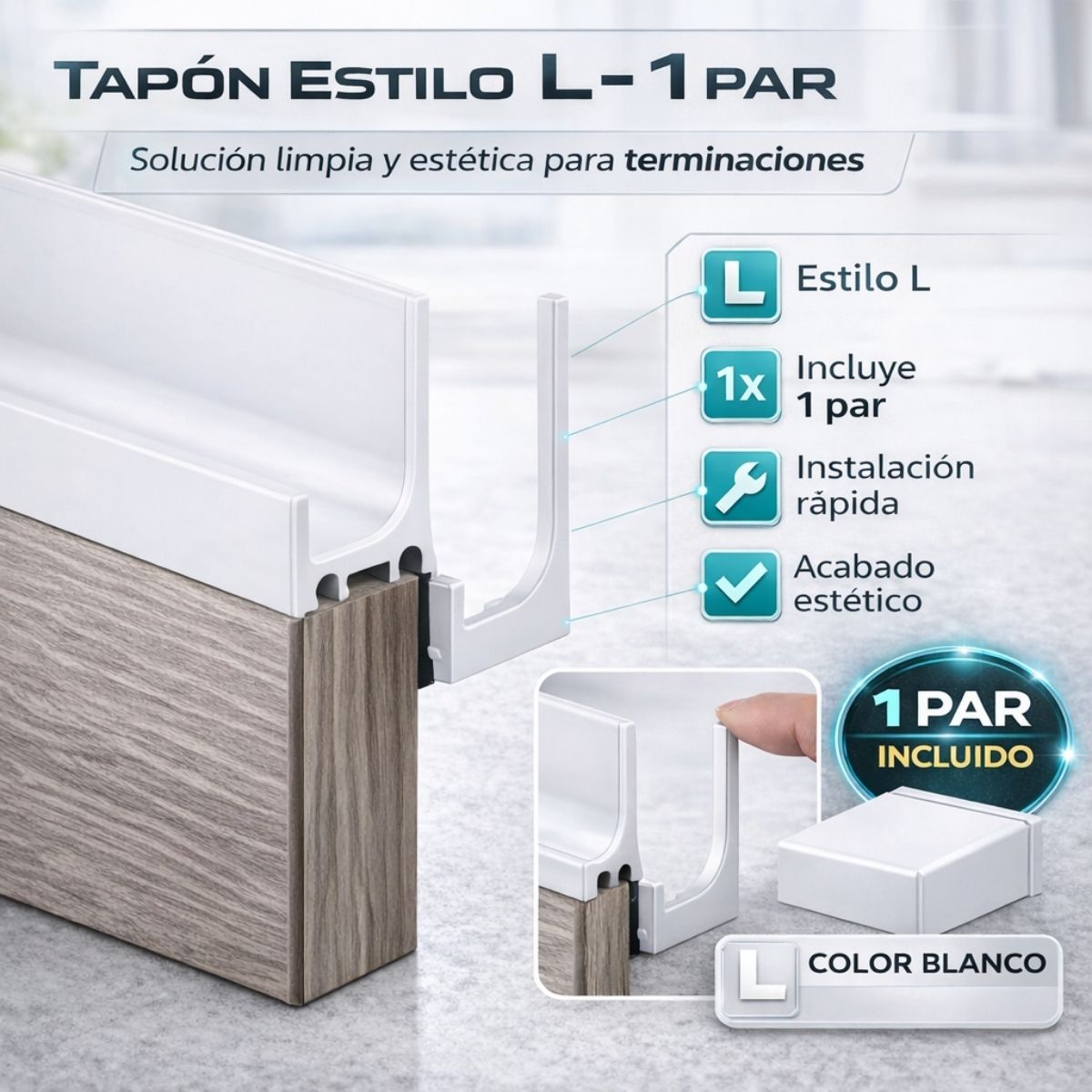 Tapas Remate Plástico Tipo L para Perfil de Aluminio. Color Blanco. Tapón Terminal (Se Vende en Par).