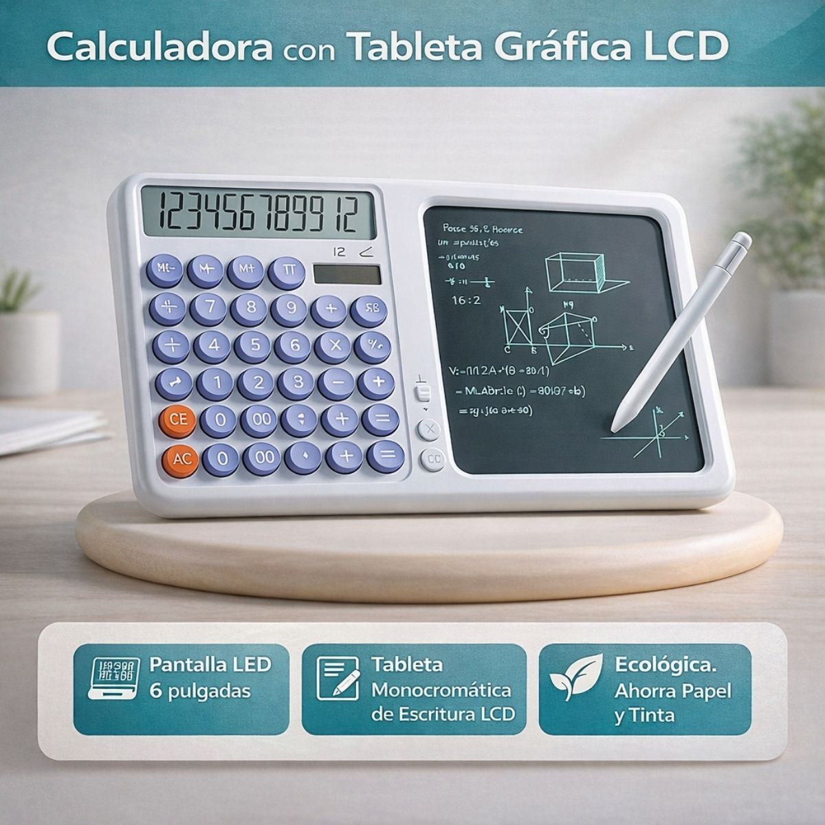 Calculadora Digital de 12 Dígitos con Tableta LCD de Escritura. Pantalla LED de 6 Pulgadas.