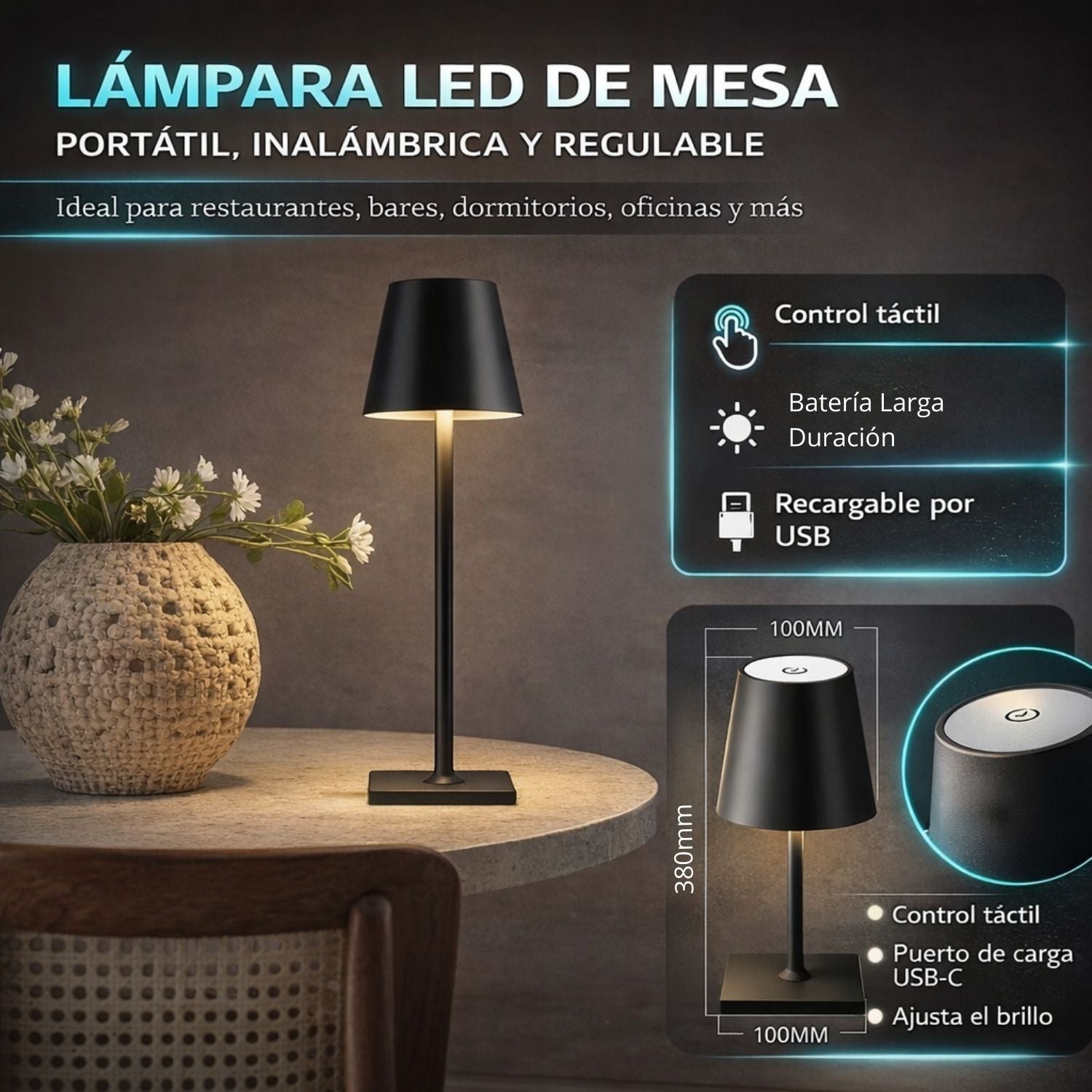Lámpara LED de Mesa Portátil e Inalámbrica. Diseño Moderno con Base Cuadrada. 3 Tonos de Luz. Control Táctil con Atenuación Continua. Color negro. Usado en restaurantes