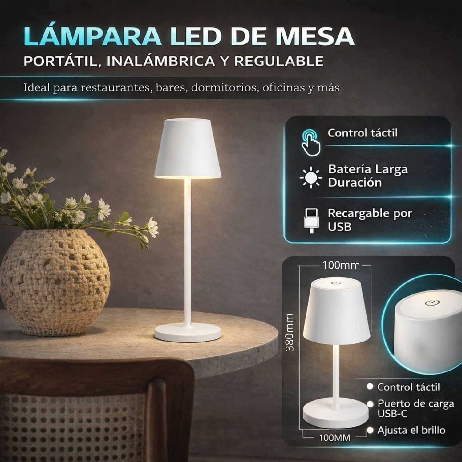 Lámpara LED de Mesa Portátil e Inalámbrica. Diseño Moderno con Base Cuadrada. 3 Tonos de Luz. Control Táctil con Atenuación Continua. Color blanco. Usado en restaurantes