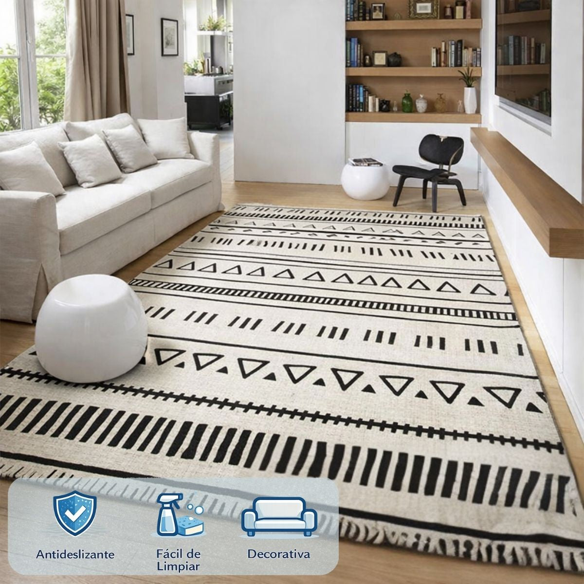 Alfombra Decorativa Estilo Étnico en Tonos Neutros para Sala o Dormitorio. Tapete Antideslizante Lavable con Diseño minimalista (120x160cm). Tapete