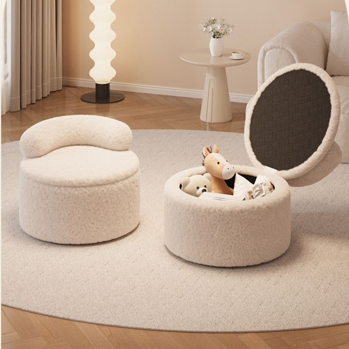 Sillon banquito butaca con Baúl Organizador de Almacenamiento Oculto. Asiento con Tapa Tipo Puf Otoman. Color Blanco (27X35cm).