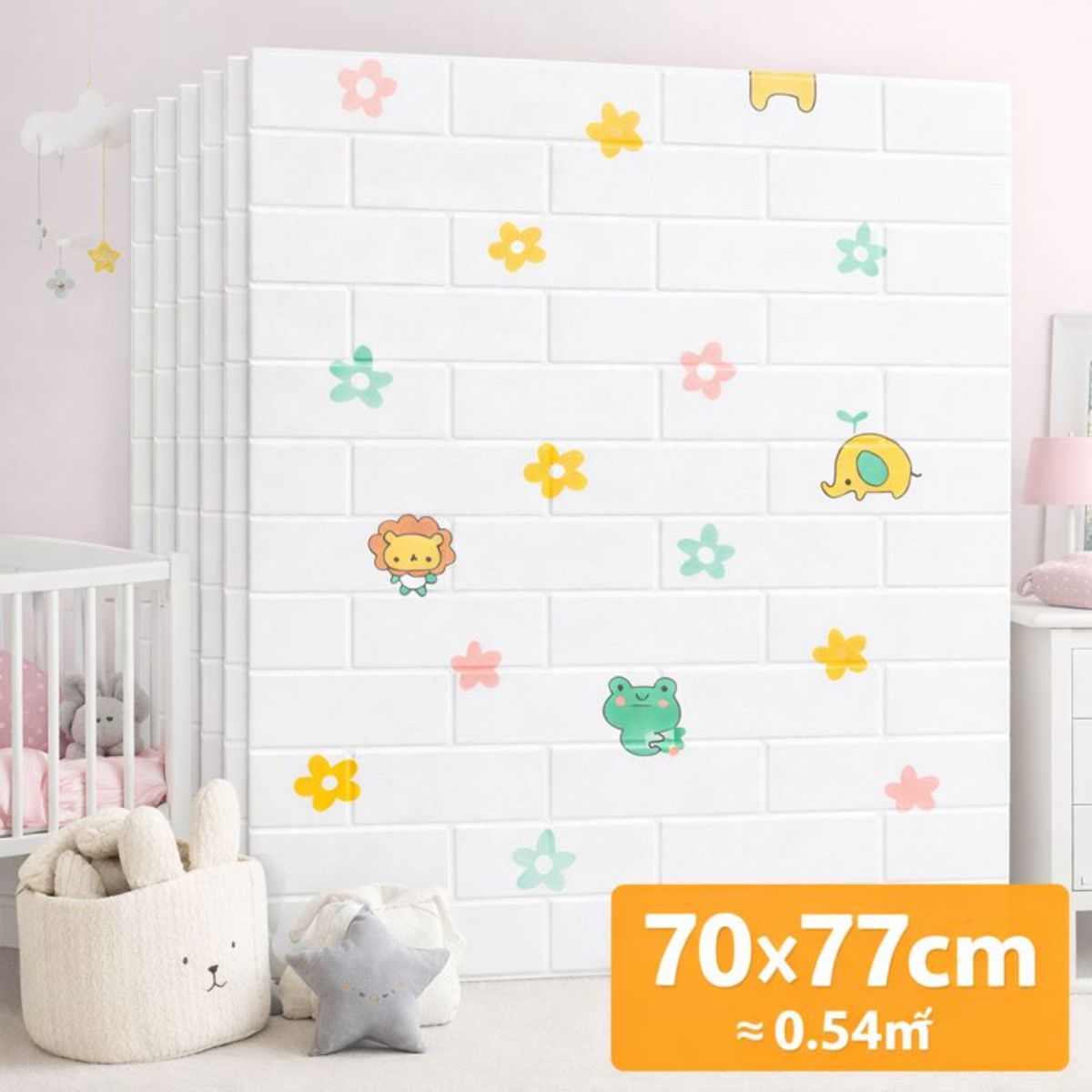 Panel Decorativo Tipo Ladrillo, Autoadhesivo e Impermeable. Papel Pared Acolchado 70x77cm (0.54m²) Espesor 6.0mm. Color Blanco con Diseño para niños.