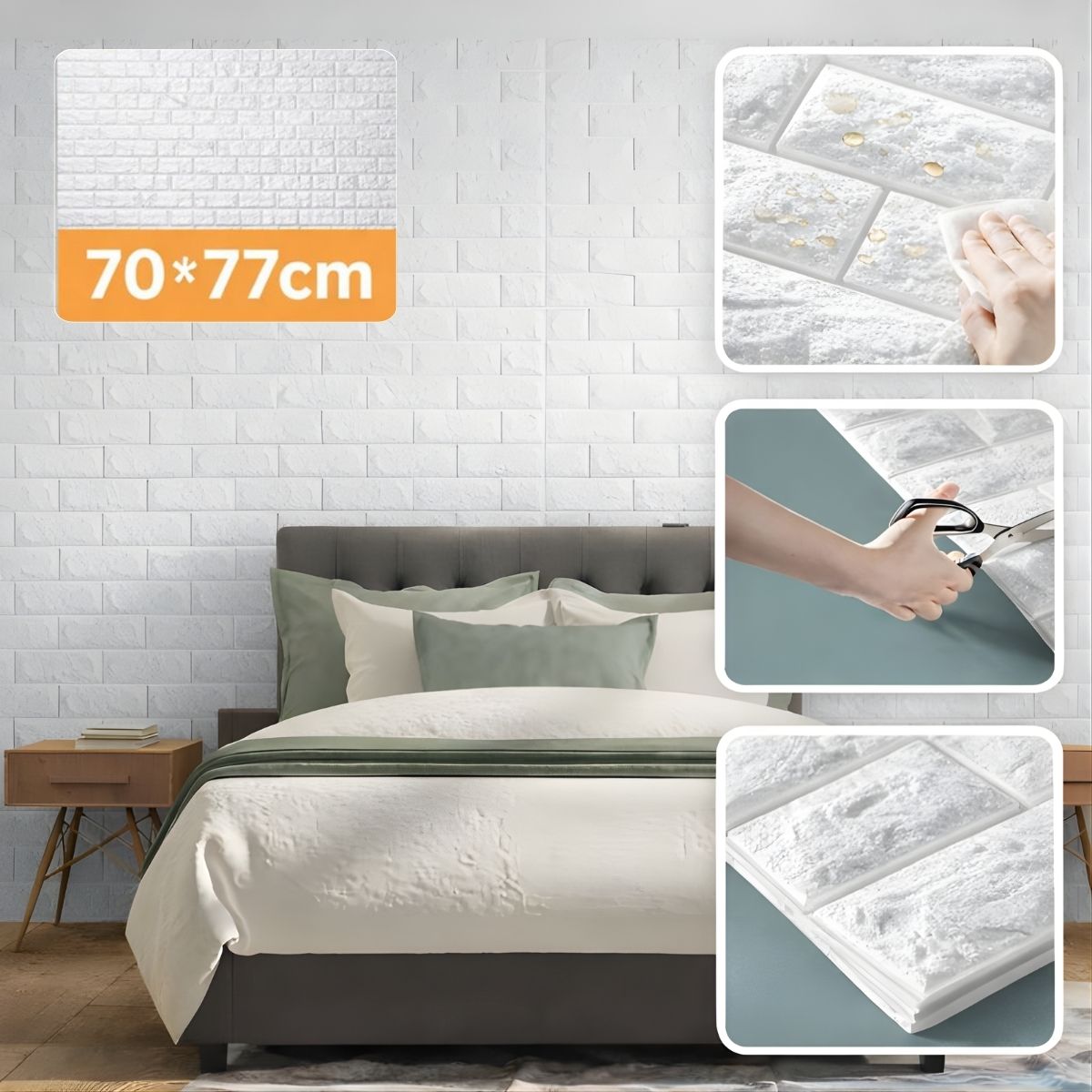 Panel Decorativo Tipo Ladrillo, Autoadhesivo e Impermeable. Papel Pared Acolchado 70x77cm (0.54m²) Espesor 4.5mm. Color Blanco.