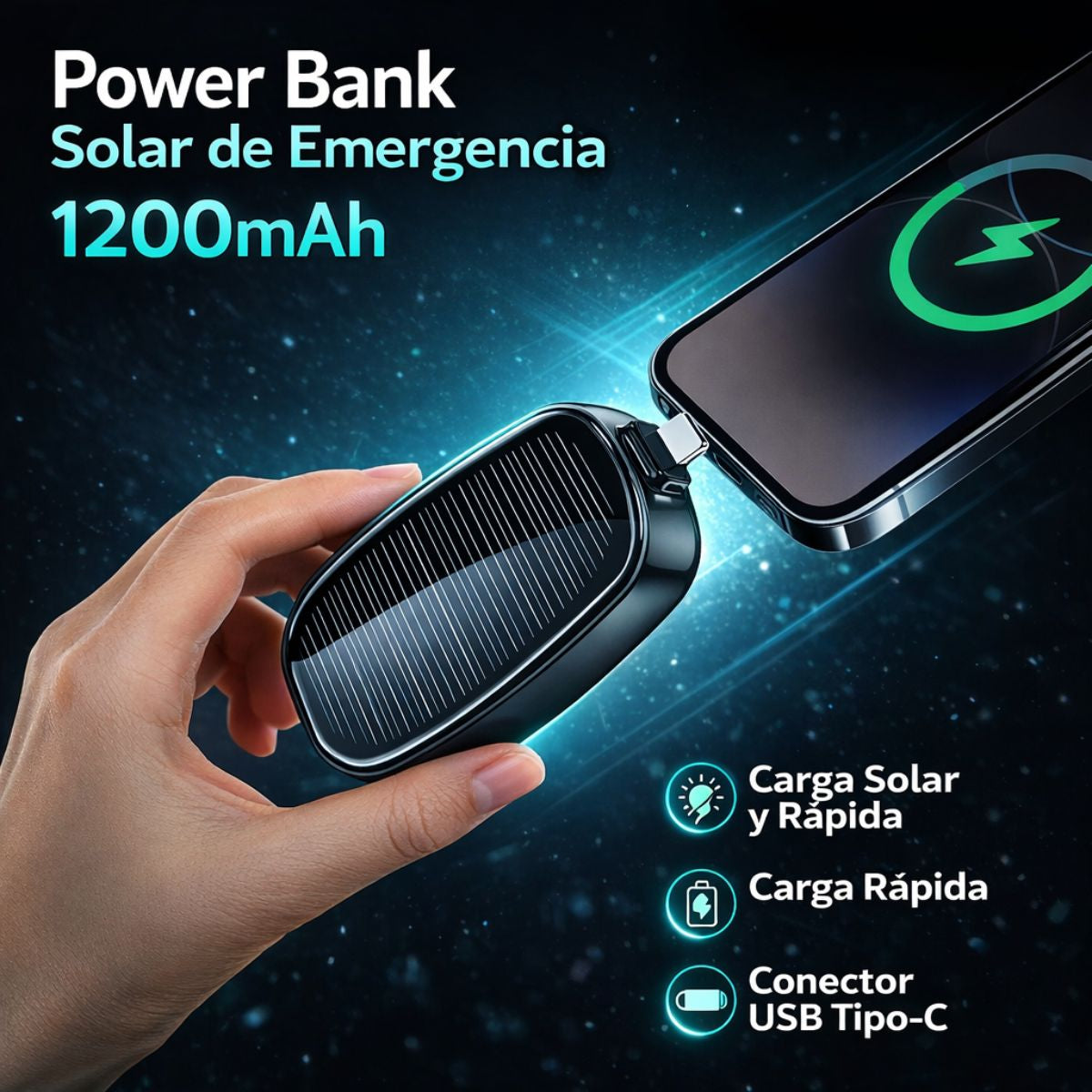 Power Bank Solar de Emergencia 1200mAh. Cargador Portátil USB Tipo-C. Mini Batería Externa para Viaje y Outdoor.