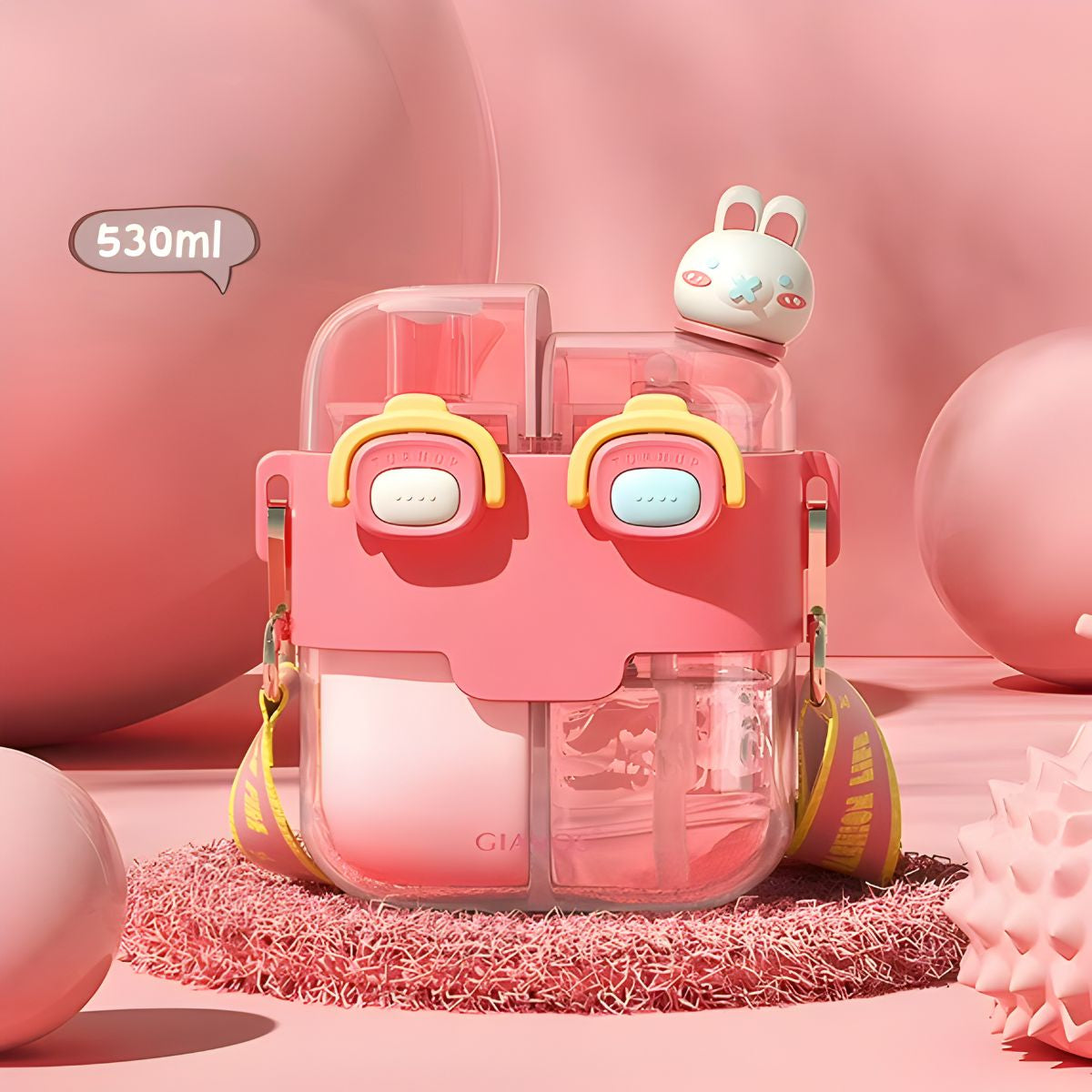 Botella agua Infantil de Doble Compartimento 530ml. Vaso con Boquilla Pop-Up Antiderrames. Incluye Stickers Decorativos 3D y Cepillo. Color Rosado.