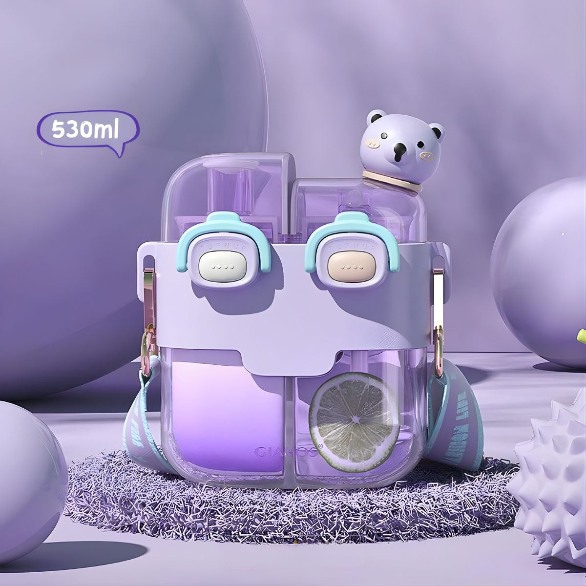 Botella agua Infantil de Doble Compartimento 530ml. Vaso con Boquilla Pop-Up Antiderrames. Incluye Stickers Decorativos 3D y Cepillo. Color morado.