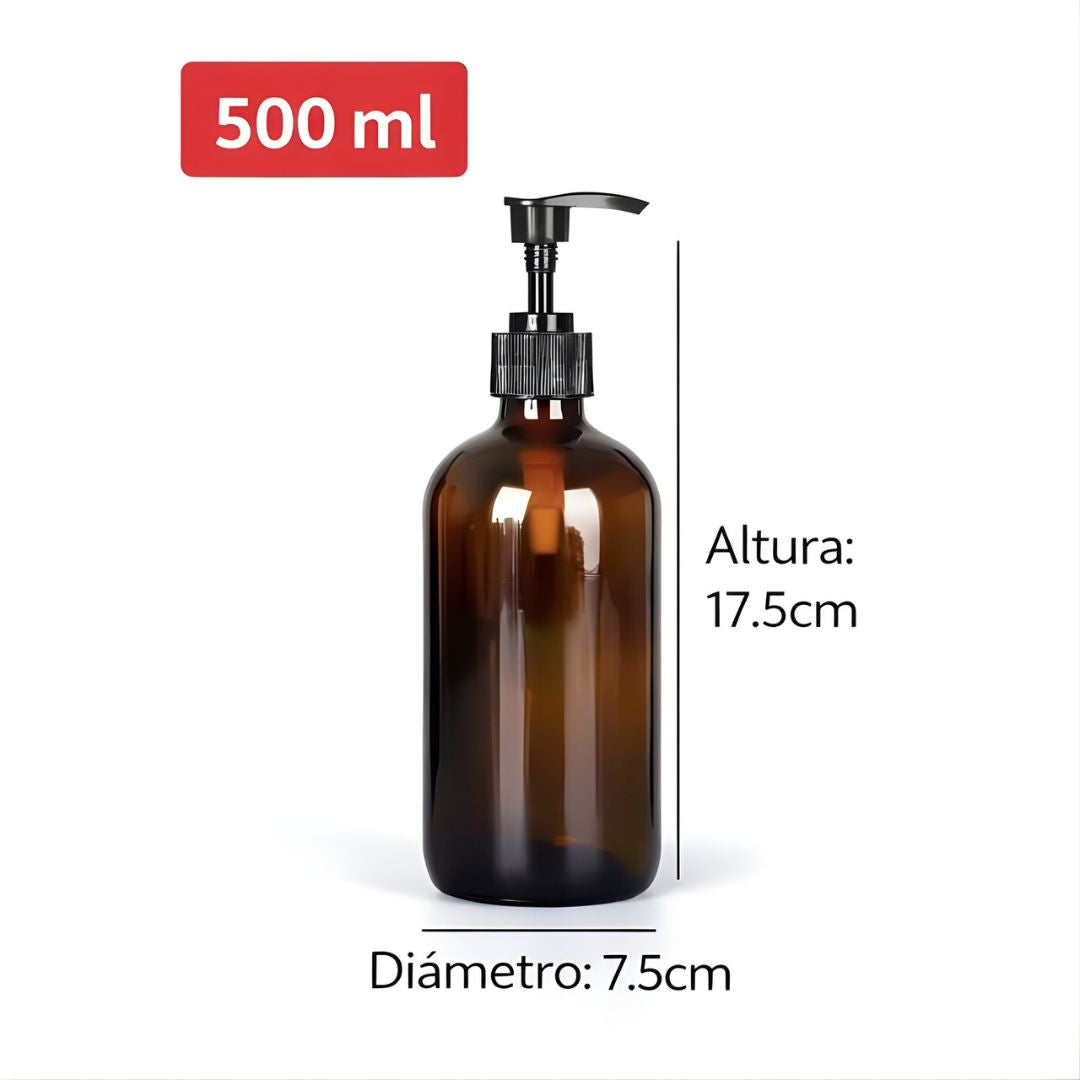 Botella Dispensadora de Vidrio Ámbar con Bomba Dosificadora. Dispensador de líquido recargable (500ml).