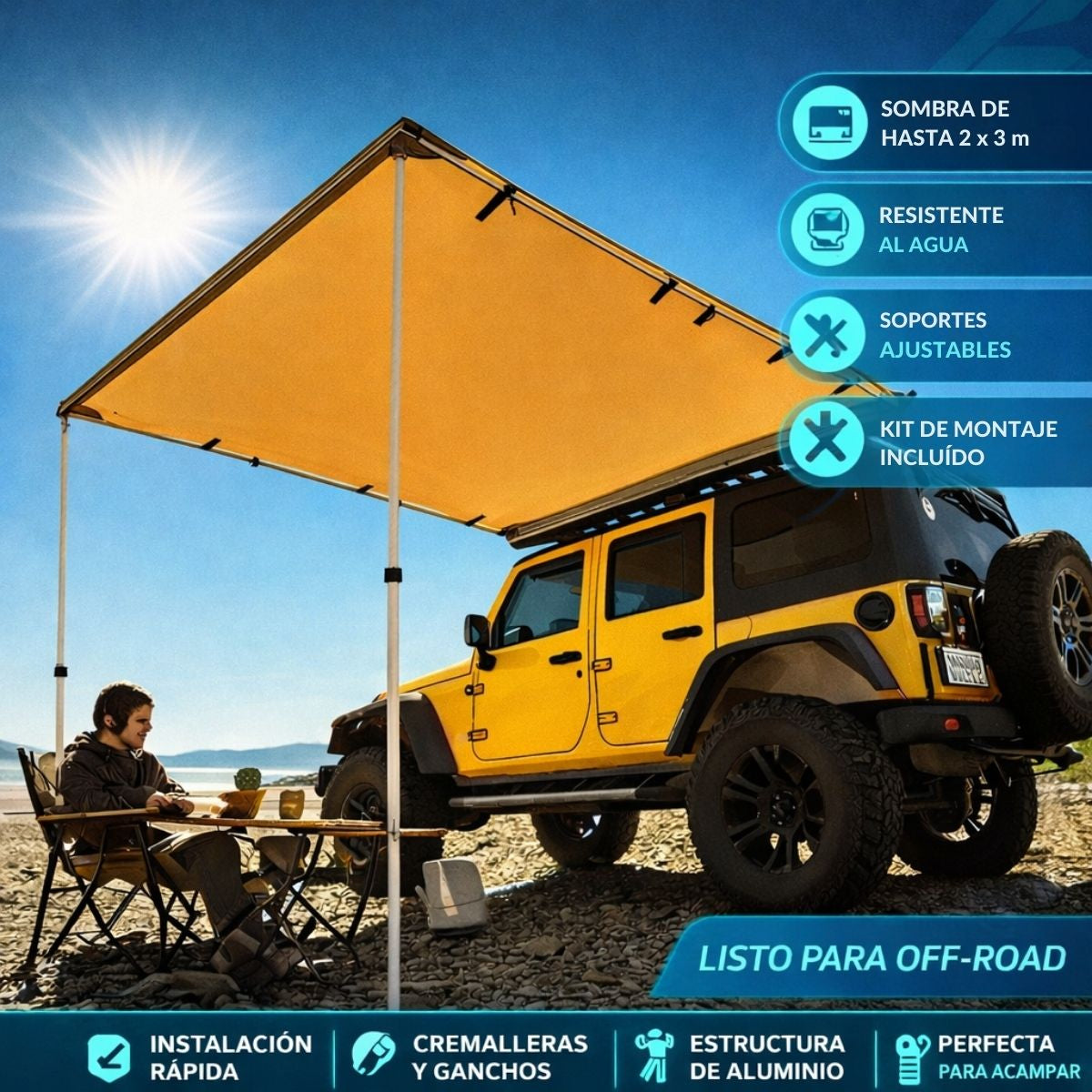 Toldo Lateral para Auto 4x4 SUV Pickup con Brazo de Aluminio y Tela Oxford Impermeable, Protección UV.Parasol Para Automóvil. Color Khaki. 2x3m