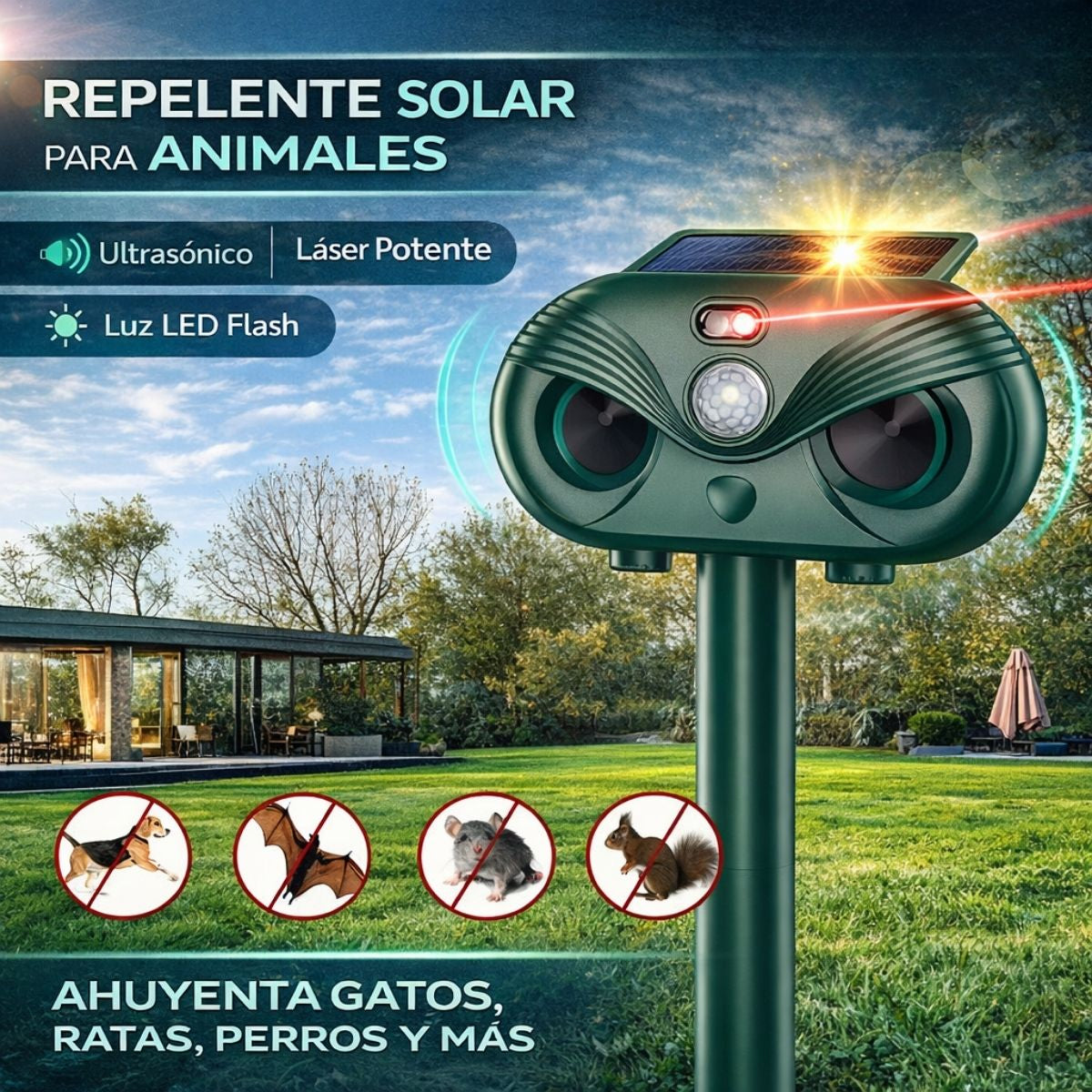 Repelente Solar de Animales Ultrasónico 3 en 1 con Sensor Infrarrojo 120°, Luz LED Estroboscópica y Láser, Impermeable IP54, para Jardín, Huerto y Exterior. Mata Insectos. H7012