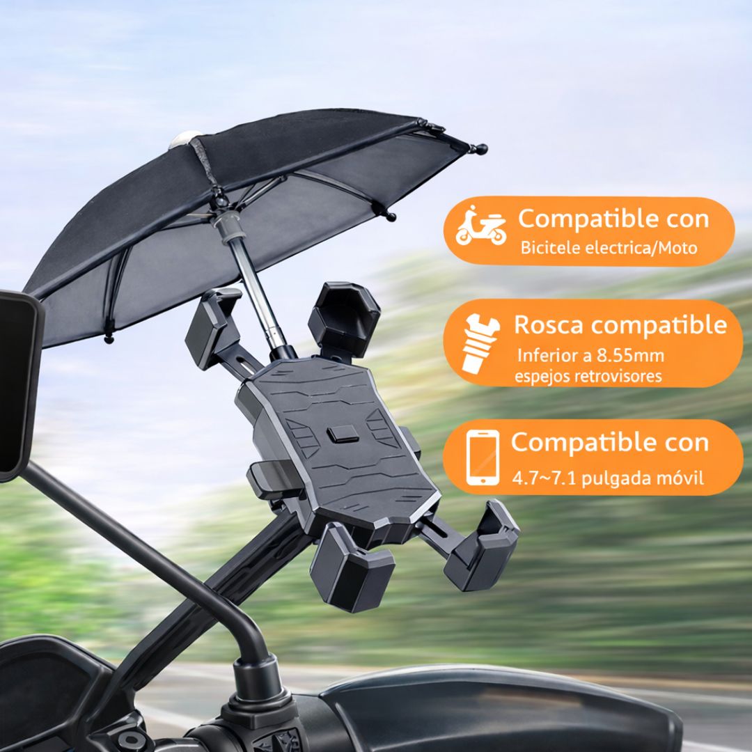Soporte para Celular con Sombrilla para Motocicleta y Bicicleta. Porta Teléfono Ajustable hasta 7.1" para Manubrio con Mini Paraguas.