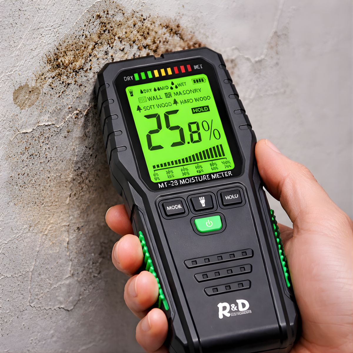 Medidor Digital con Alarma y Linterna. Higrómetro Digital MT28C+ para Madera, Paredes, Pisos y Ladrillo 9V tipo 6F22. con bateria recargable