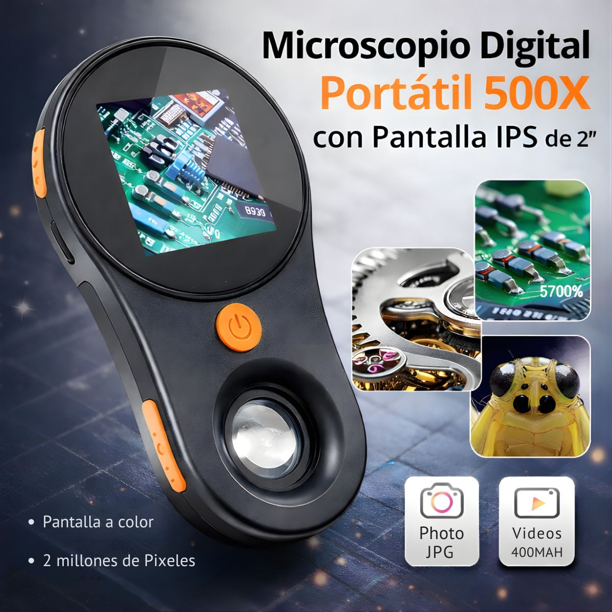 Lupa Digital Portátil 500X con Pantalla IPS 2”. Microscopio digital portátil 8 Luces LED. Batería Recargable.