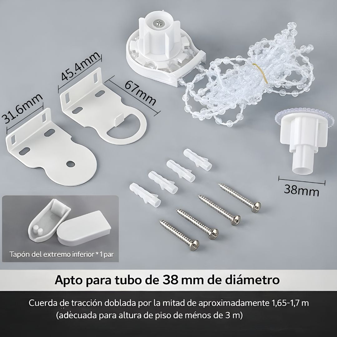 Soporte para Persianas Enrollables de 38mm con Cadena de Bolas 1.7m. Set de Repuesto para Cortinas Roller.
