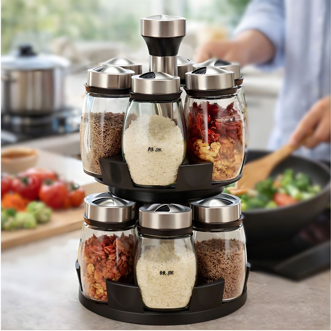 Organizador Giratorio Para Especias. Dos Niveles con 12 Frascos de Vidrio (120ml). Carrusel para Condimentos con Tapas de Acero Inoxidable.