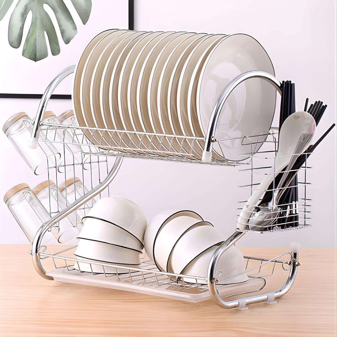 Escurridor De Platos Con Bandeja De Drenaje Y Soporte De Cubiertos. Set Organizador Con 2 Niveles (40x25x39cm).