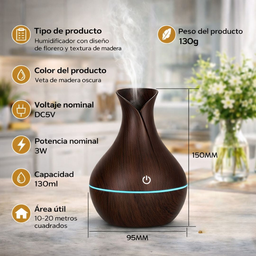 Difusor De Aceites Esenciales 130 ML con Luz LED. Dispensador Aromático con Alcance De 20㎡ (15.5X16.6cm) Aromaterapia. Color madera oscura.