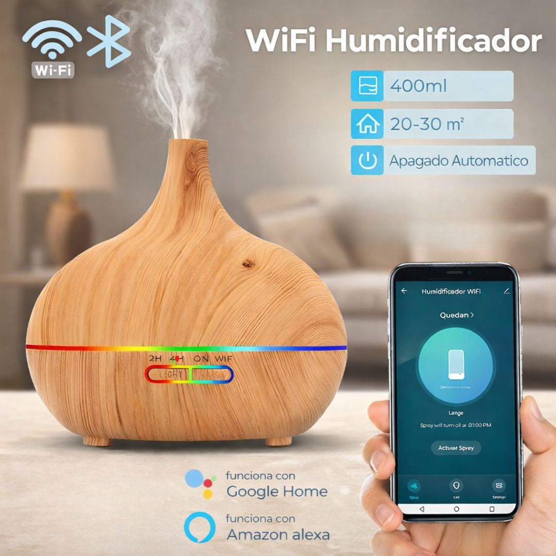 Difusor De Aceites Esenciales 400ML WIFI con Luz LED. Dispensador Aromático con Alcance De 30㎡(6.6x7.5cm) Aromaterapia.